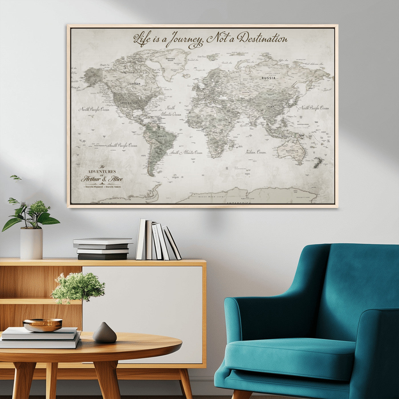 11398637-MGV-FC-36X24_Natural-Custom Push Pin World Map Wall Canvas Print – Personalized Travel Tracker with Pins – Framed Custom