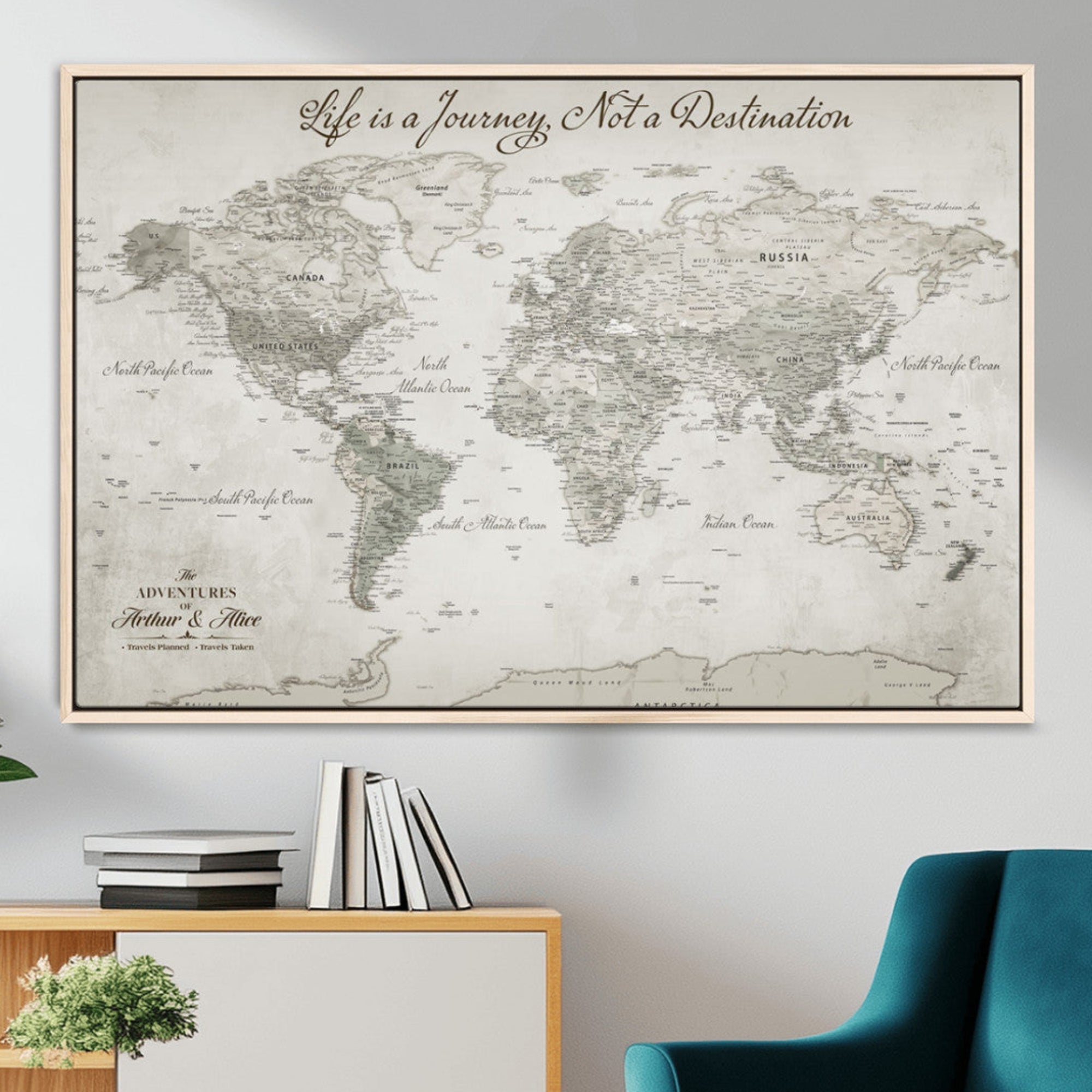11398637-MGV-FC-36X24_Natural-Personalized World Map Wall Art – Custom Framed Push Pin Travel Tracker Canvas Print Unique Gift for Home, Office
