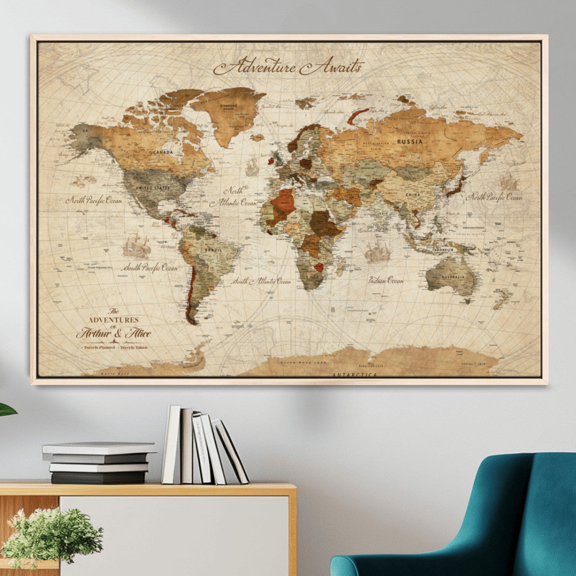 Rehber01-MGV-CV-36X24-Customizable Framed World Map Canvas Print – Personalized Push Pin Travel Map Gift for Couples Explorers for Home, Office