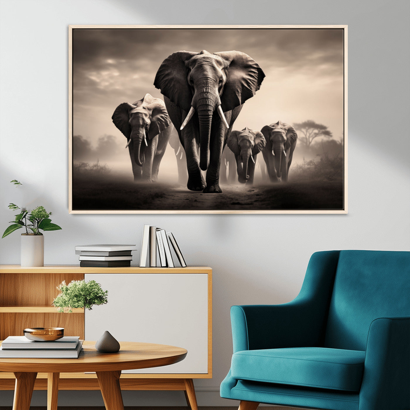 48598F10-MGV-FC-36X24_Natural-Elephant Family Wall Art Canvas Print, Framed Elephant Wall Art Home Decor
