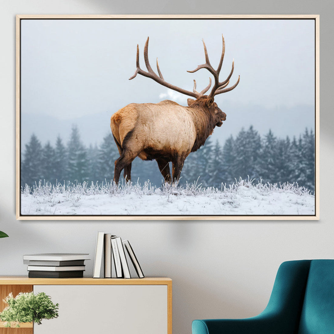 Majestic Elk Snowy Forest Wall Art Canvas Print, Winter Wilderness Wildlife