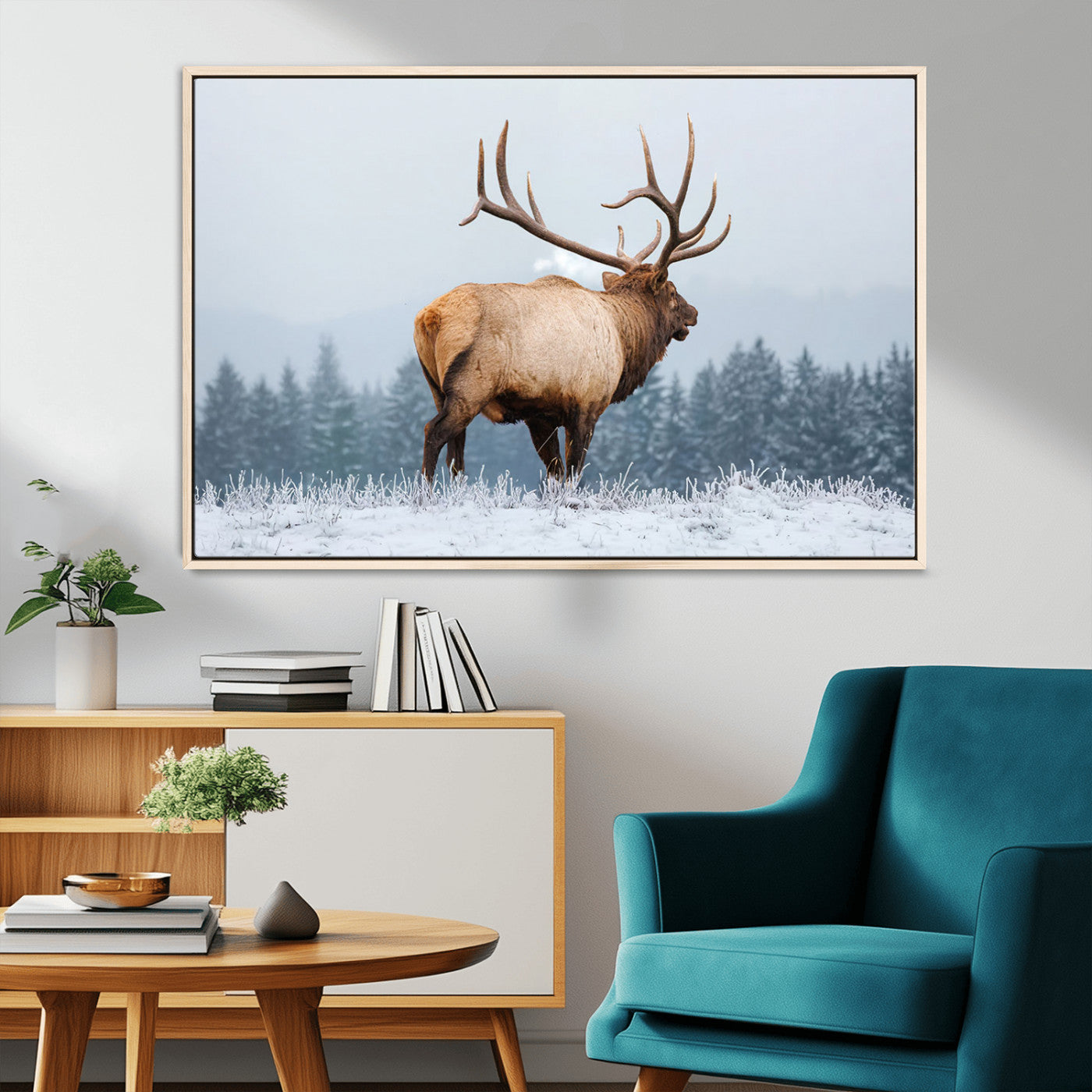 A majestic elk standing in a snowy landscape, with large antlers, set against a backdrop of evergreen trees and a soft winter sky.