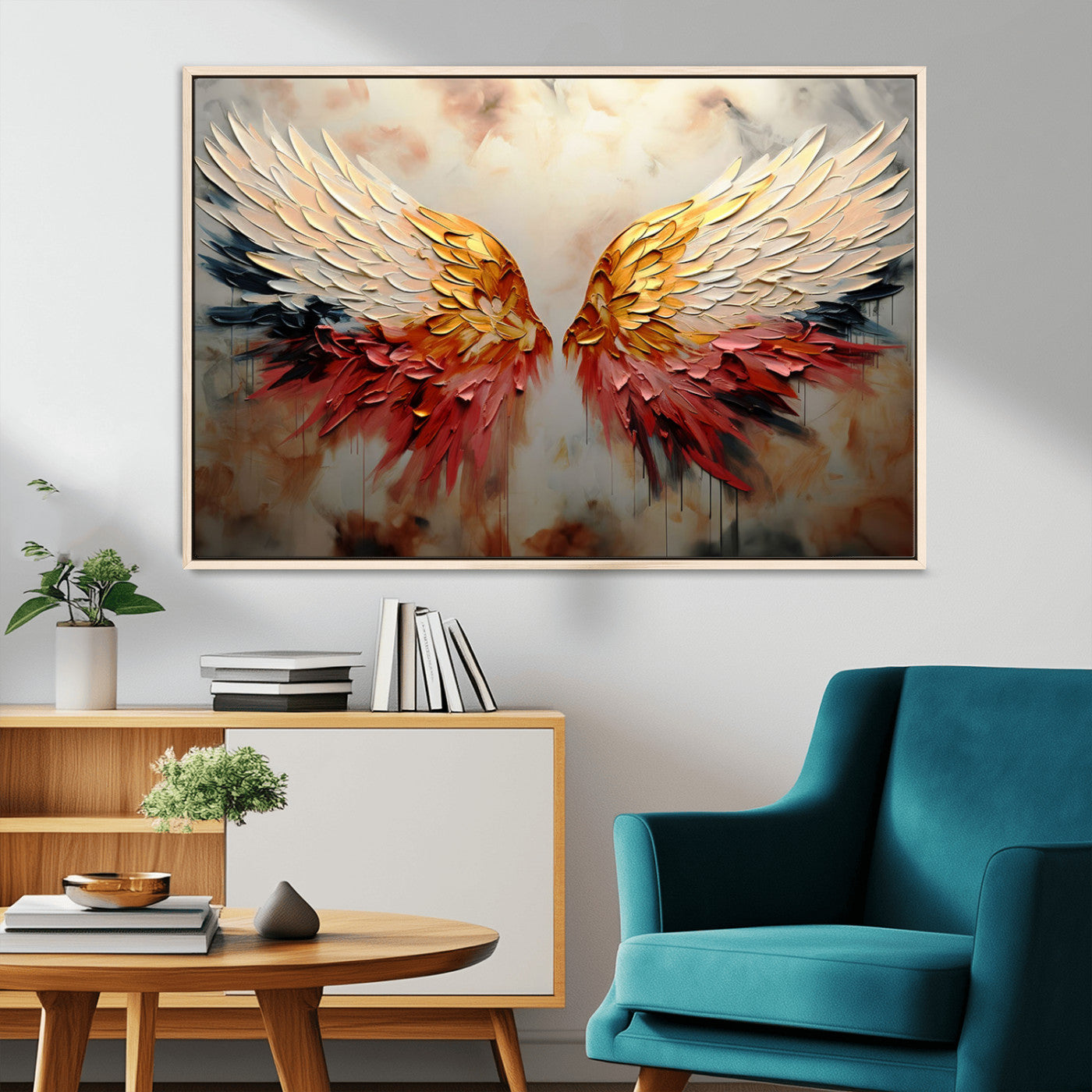 A stunning 3D-style painting of angel wings with vibrant gold, red, and black hues, creating a dramatic and striking visual effect.