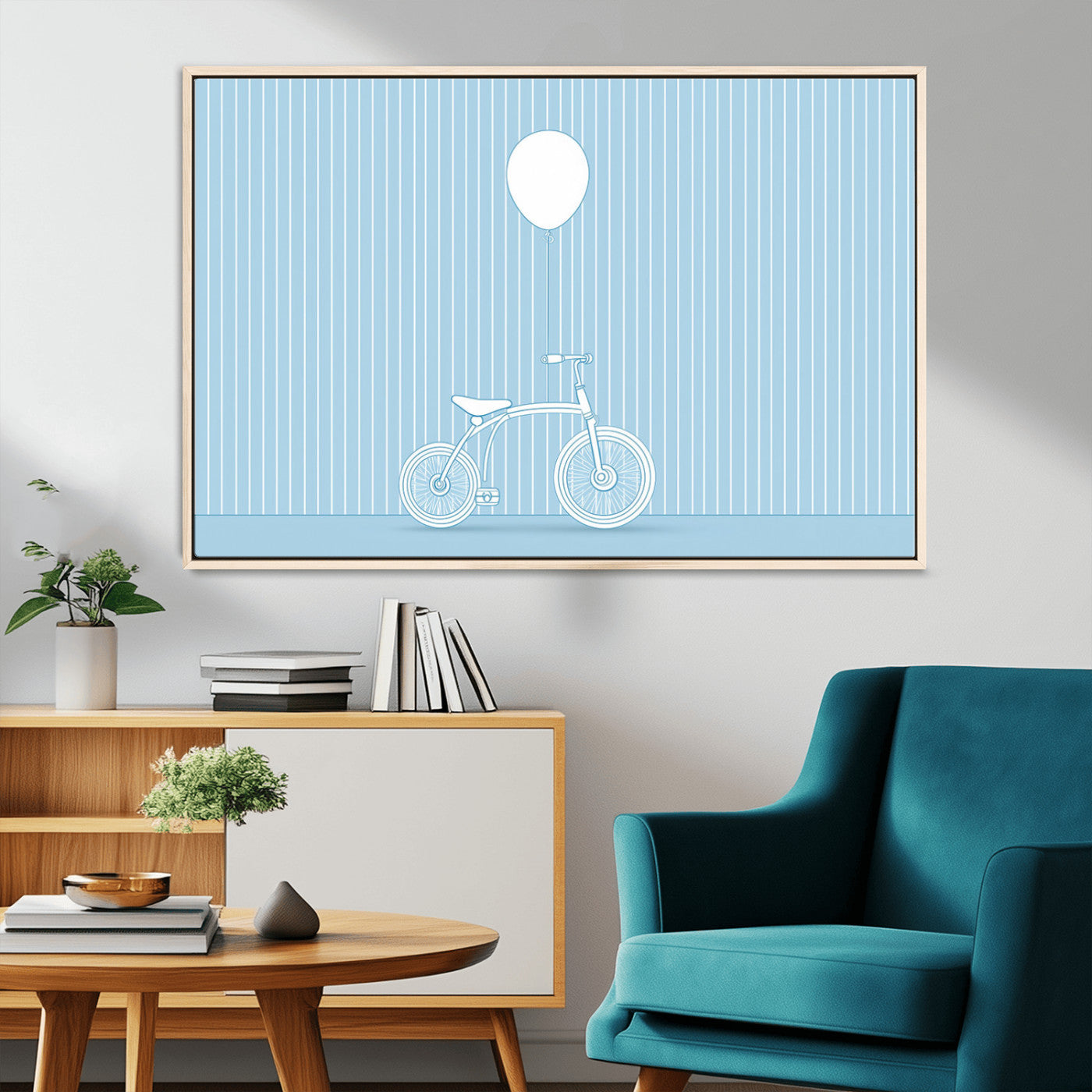 A minimalistic blue line drawing of a bicycle with a balloon floating above it, set against a soft striped background.