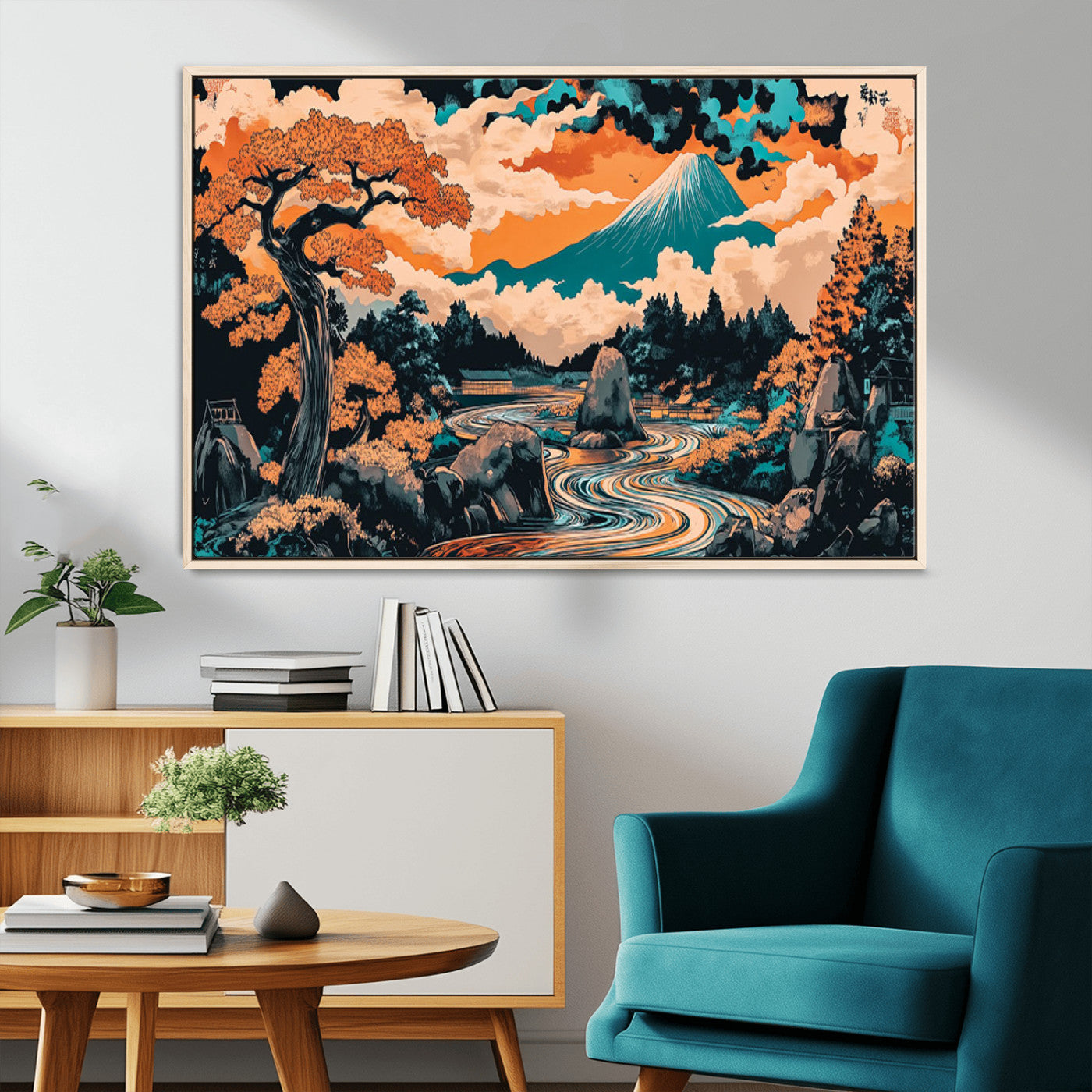 A vibrant Japanese-inspired landscape featuring Mount Fuji, a winding river, and autumn-colored trees under a dramatic sky, in bold and vivid hues.