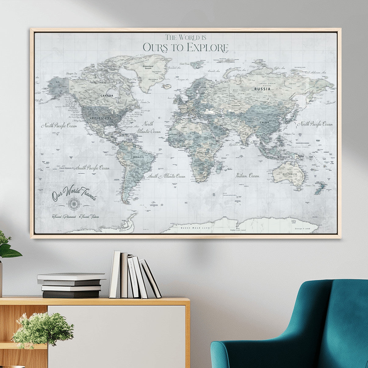 73654056-MGV-FC-36X24 - Personalized Push Pin World Map Canvas Print – Custom Framed Travel Tracker Artwork for Couples or Home Decor
