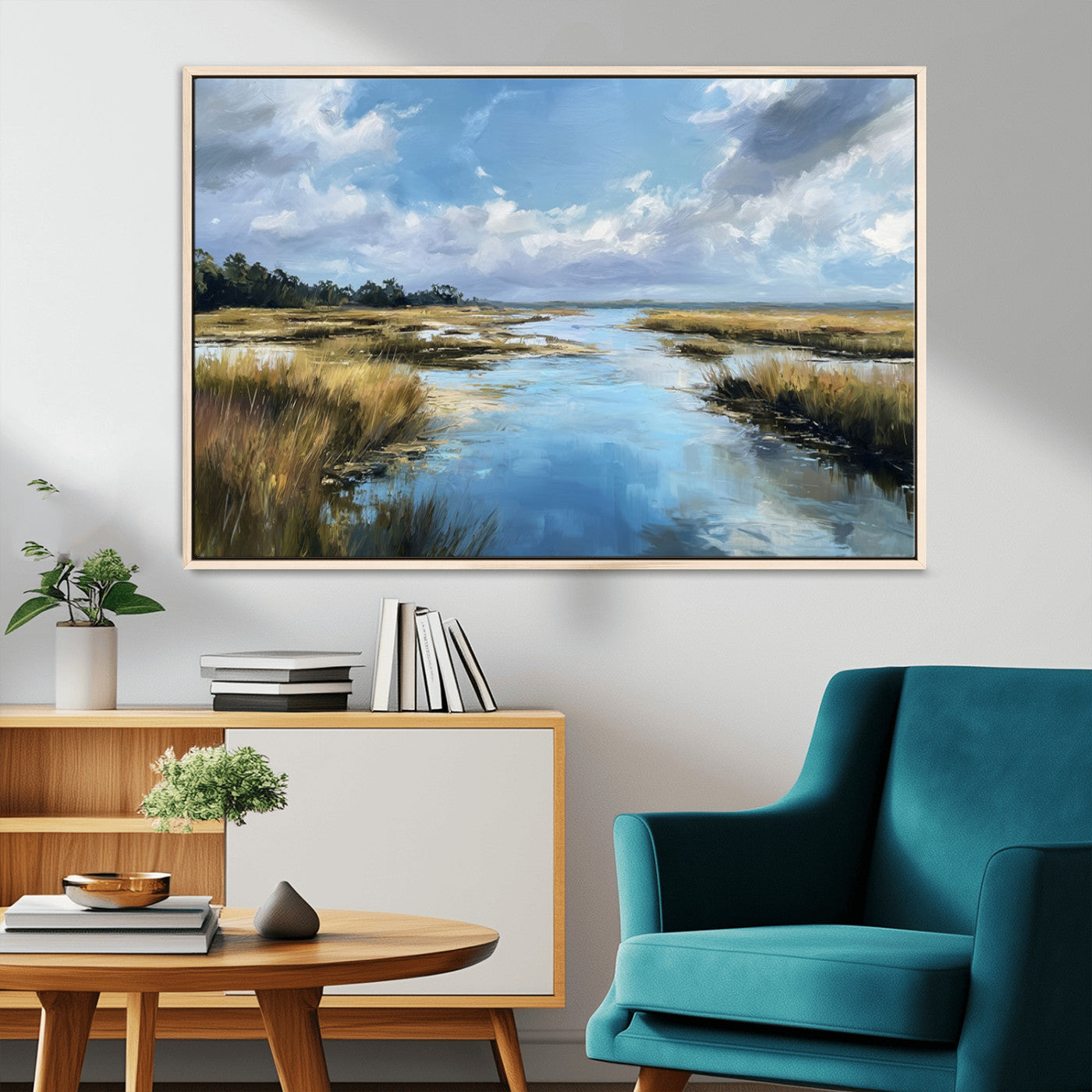 A beautiful, painterly landscape of a calm river winding through a marsh, with vibrant green grasses and a bright blue sky filled with fluffy clouds.