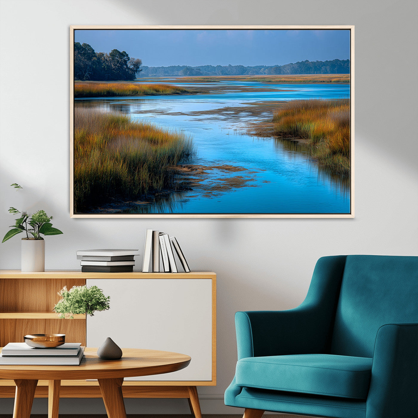 A peaceful marshland scene with calm blue water reflecting the surrounding grasses and trees, capturing the beauty of nature in a serene landscape.