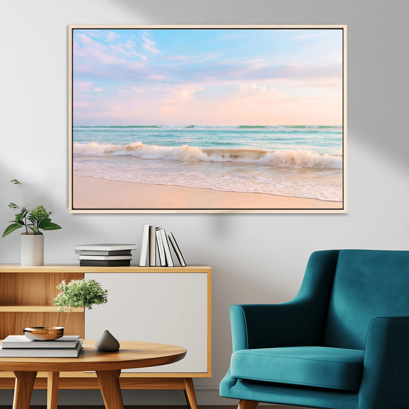 A peaceful beach scene with soft pastel skies, gentle waves washing up on the sandy shore, creating a calm and serene ocean view.