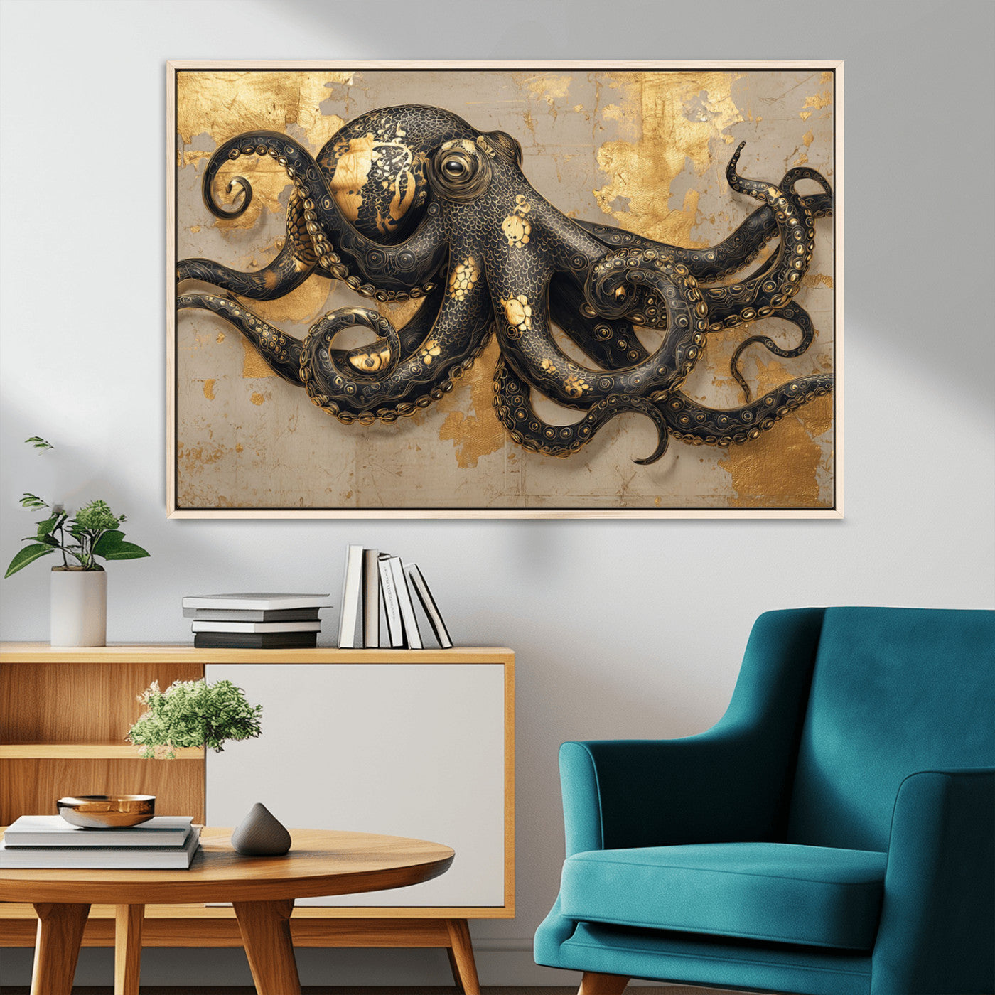 A stunning golden and black illustration of an octopus on a textured background with gold leaf accents, highlighting its intricate tentacles and unique design.