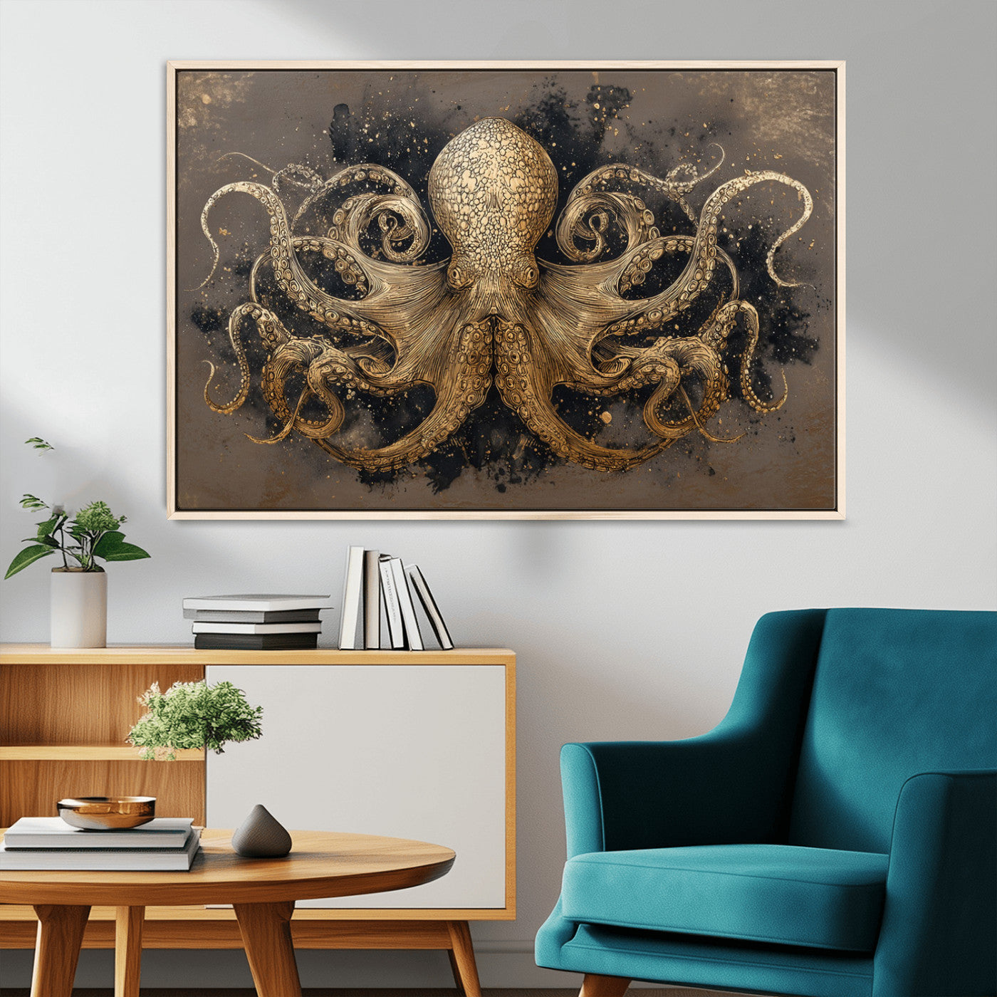 A beautifully detailed illustration of an octopus in gold ink on a textured dark background, with swirling tentacles and intricate patterns.