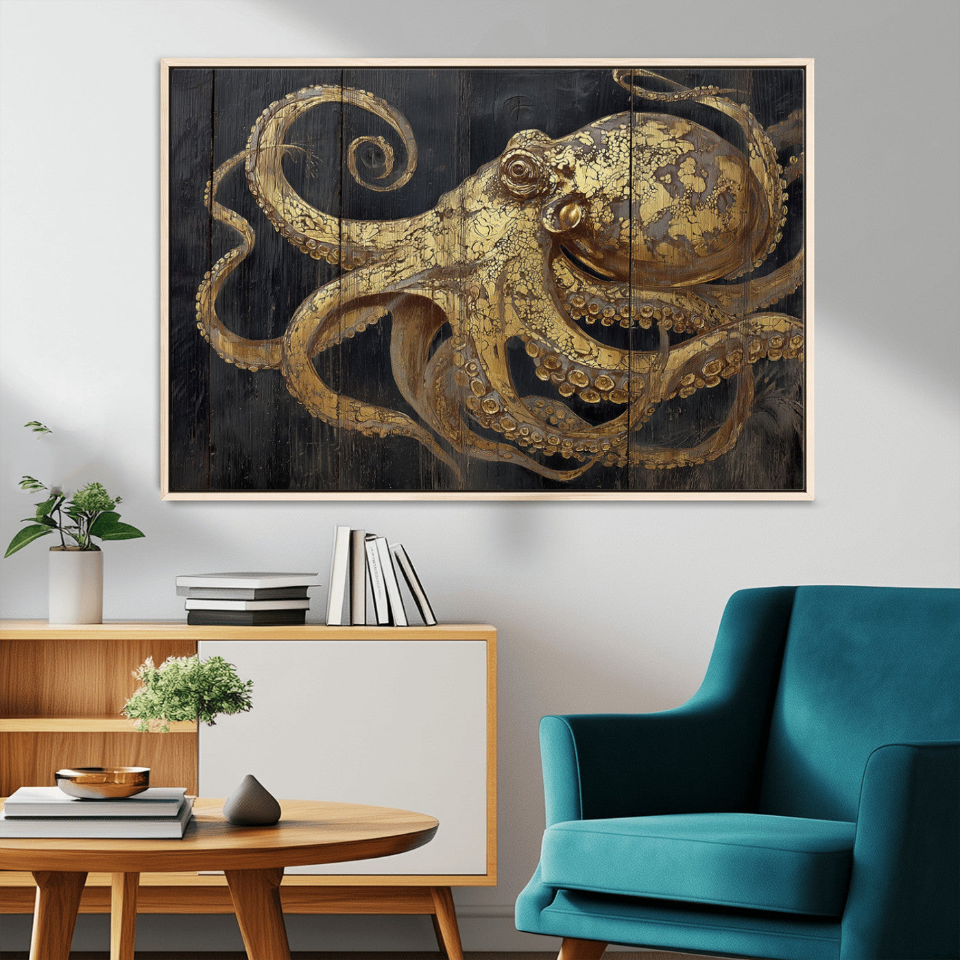 A detailed gold illustration of an octopus on black wooden planks, showing its intricate tentacles and textured skin in an artistic style.