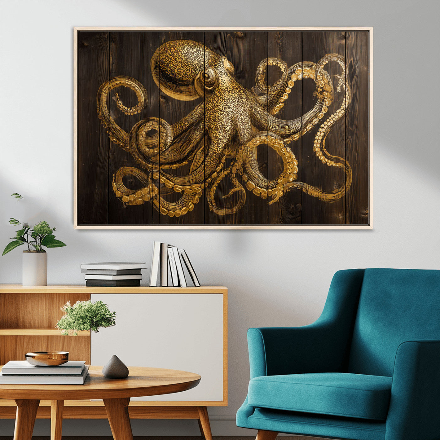An artistic rendering of an octopus in gold ink on wooden planks, showcasing intricate details of its tentacles and textured skin.