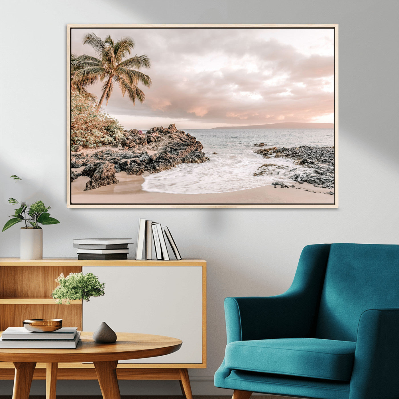 A peaceful beach scene with a palm tree and rocks, soft waves washing onto the shore under a soft pastel sky at sunset.