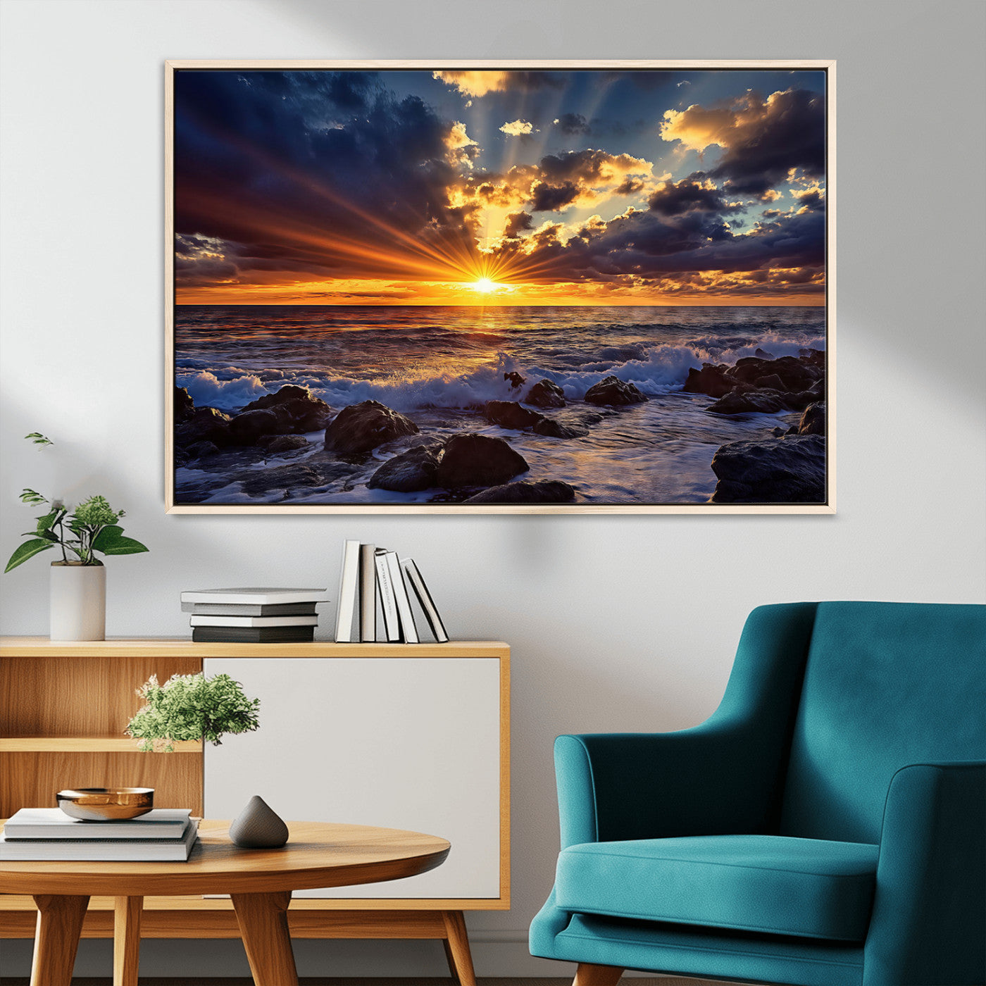 An explosive sunset over the ocean with dramatic clouds and rays of sunlight reflecting off the water, creating a vibrant and captivating view.