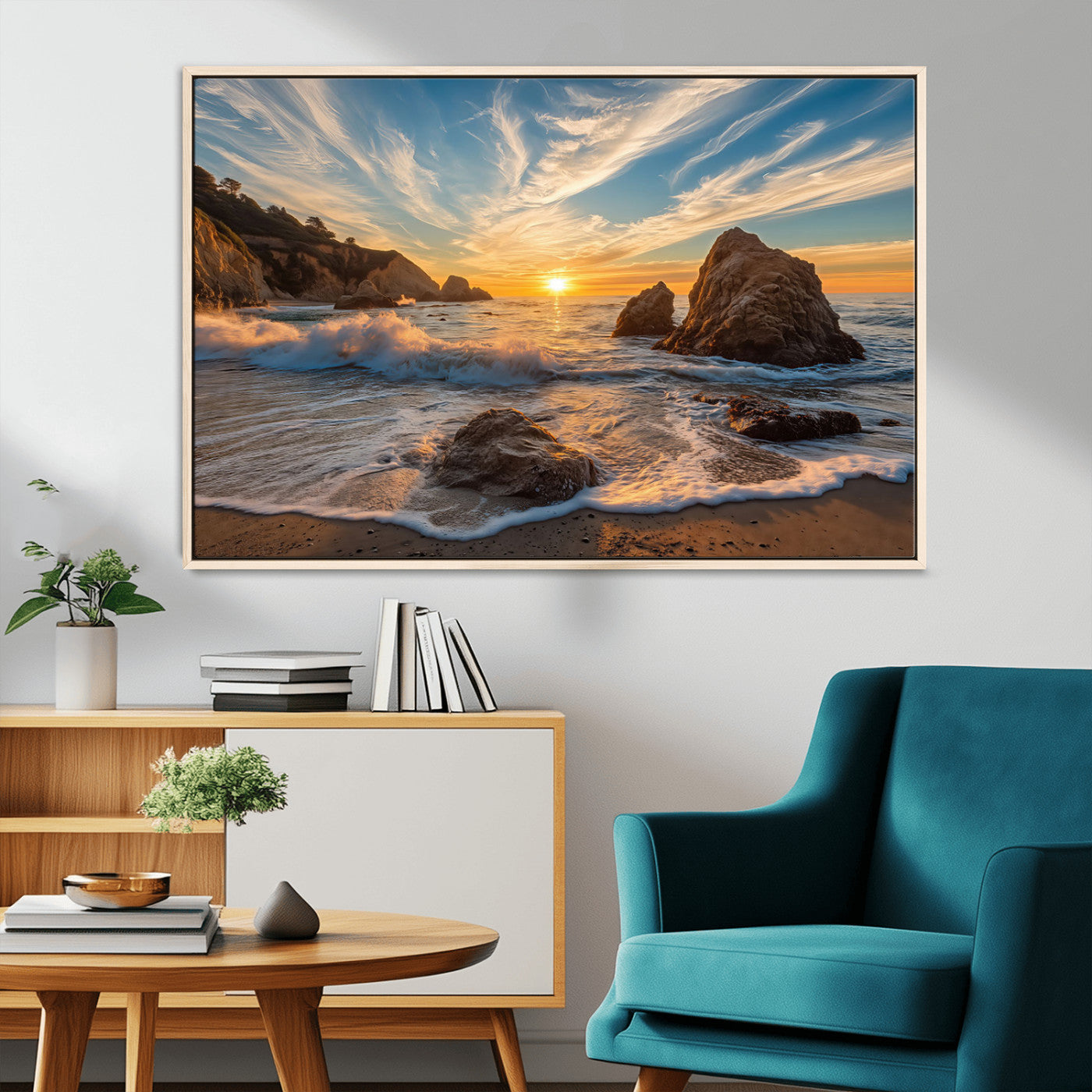 Rocky Ocean Sunset Wall Art Print, Seaside Canvas Wall Art, Dramatic Seascape Canvas Print for Coastal Modern Decor, Ocean Sunset Art Printing