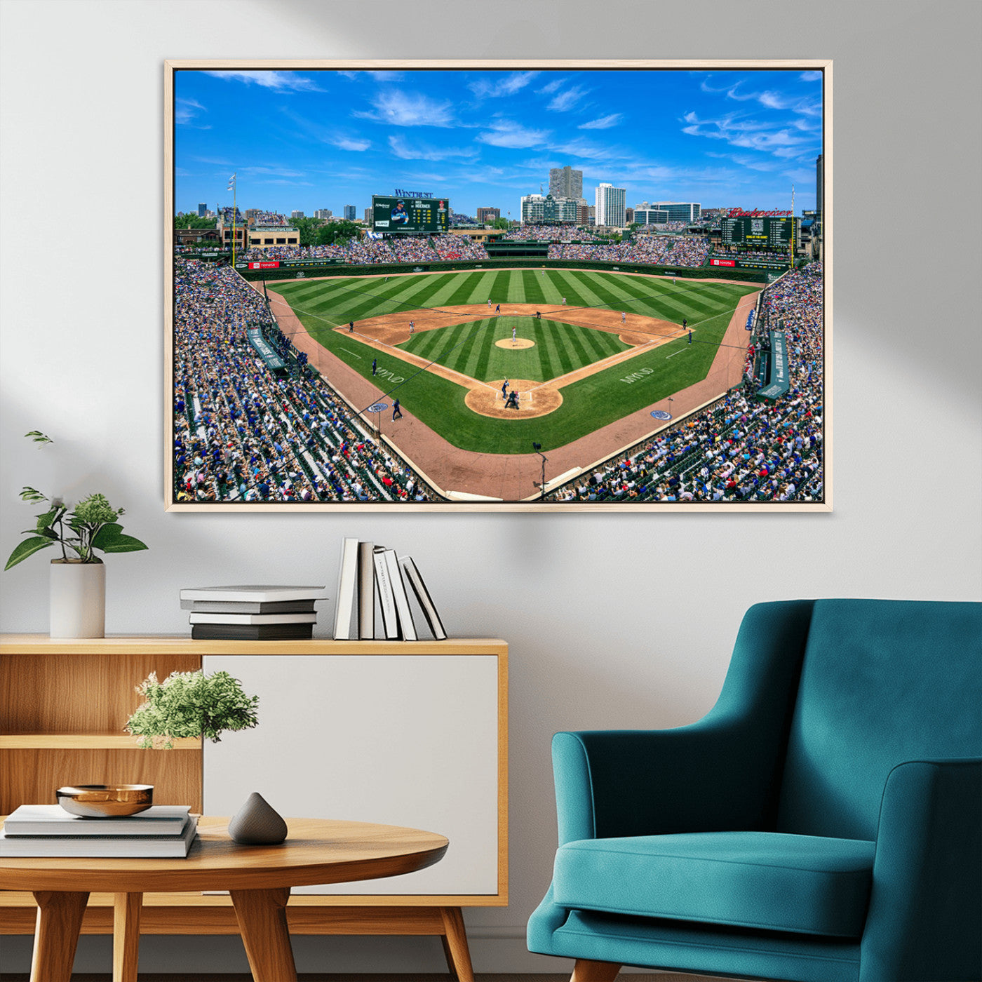 Wrigley Field Baseball Stadium Canvas Wall Art, Packed Crowd Sports Stadium Print, City Skyline Baseball Field Canvas for Game Room Decor