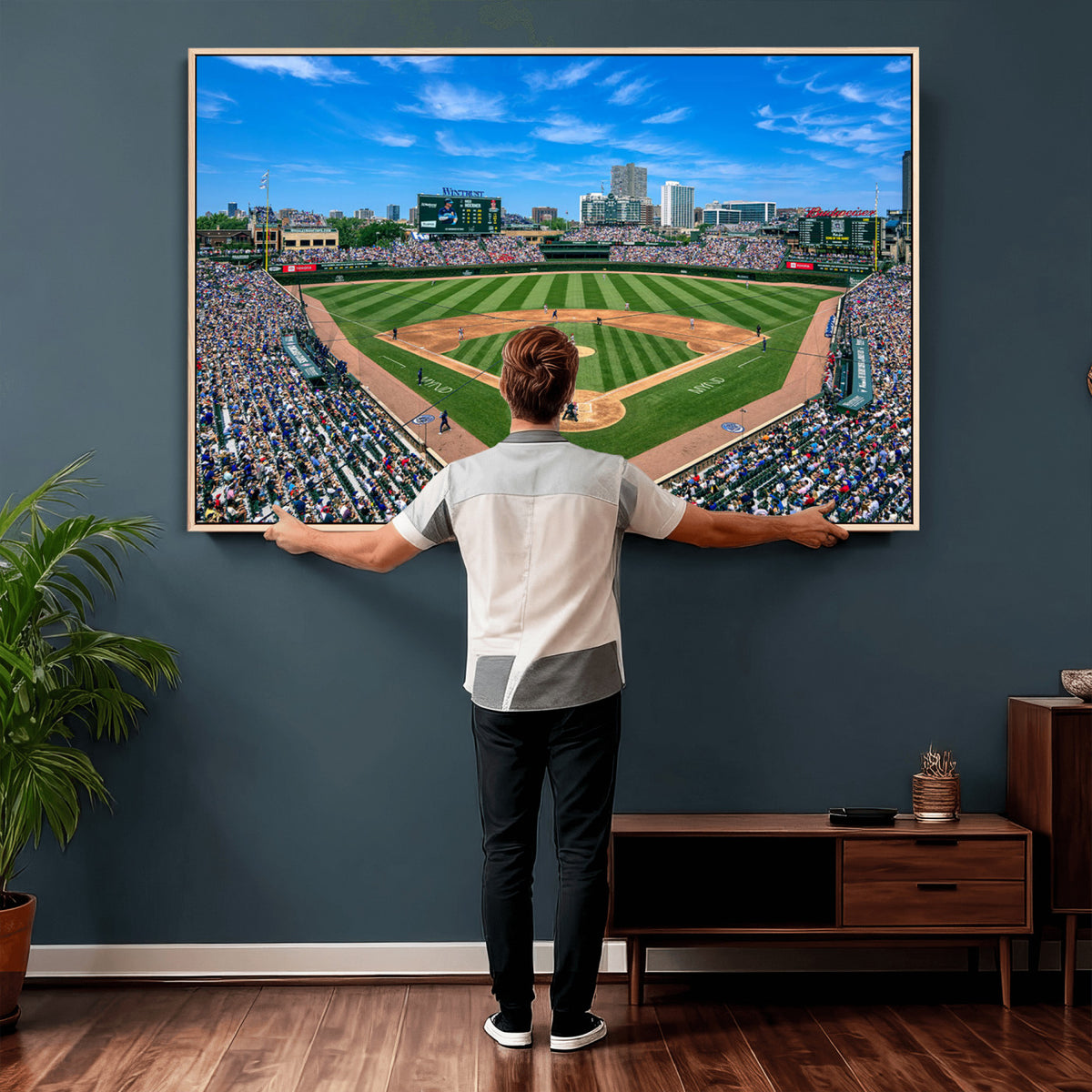 35800083-MGV-CV-36X24 - Wrigley Field Baseball Stadium Canvas Wall Art – Packed Crowd Sports Stadium City Skyline Artwork for Home Office