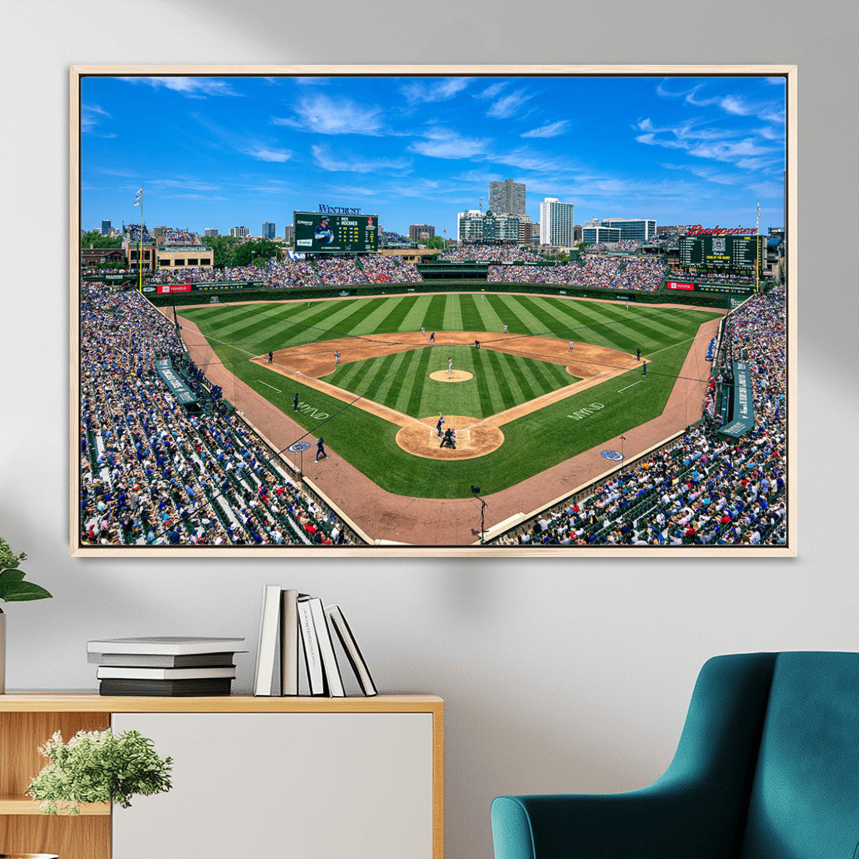 35800083-MGV-FC-36X24 - Wrigley Field Baseball Stadium Canvas Wall Art – Packed Crowd Sports Stadium City Skyline Artwork for Home Office