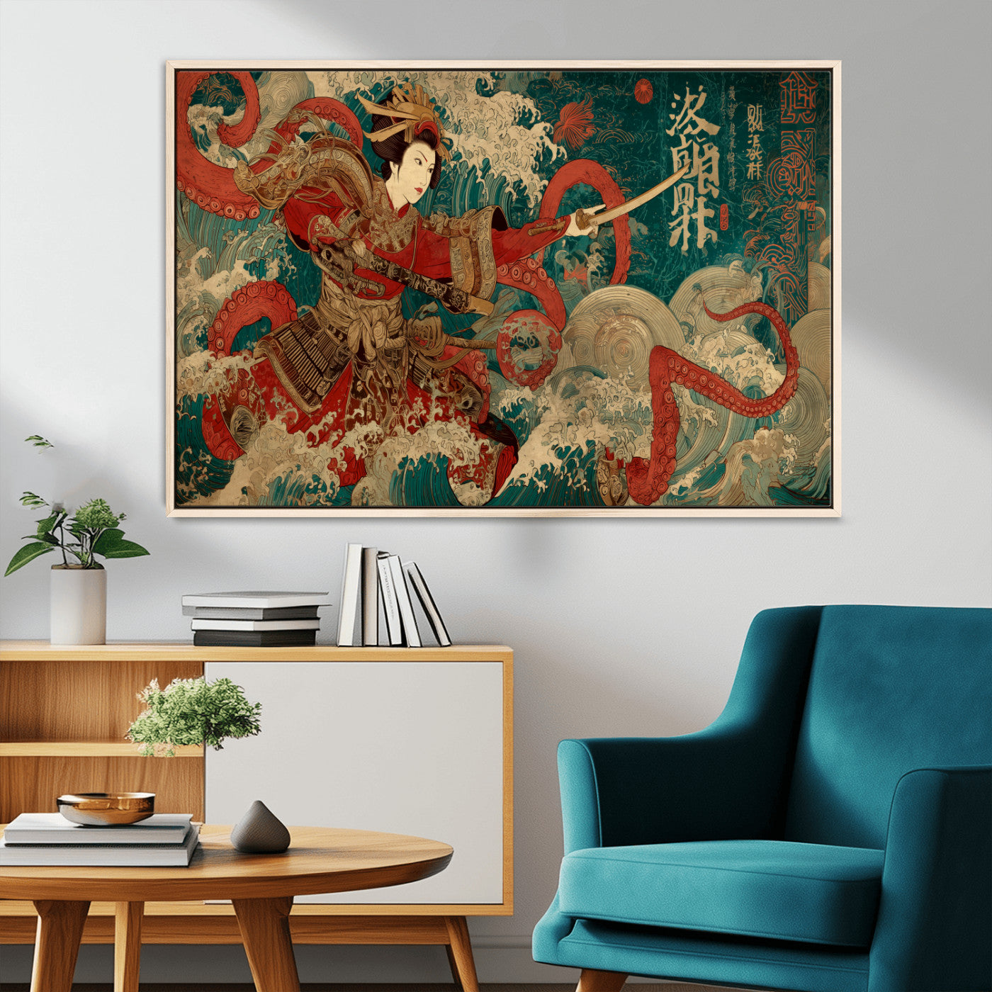 MGV-FC-36X24 - Tsukioka Yoshitoshi Samurai Wall Art Print, Japanese Katana Warrior Canvas Wall Art, Octopus Sea Monster Canvas Print,