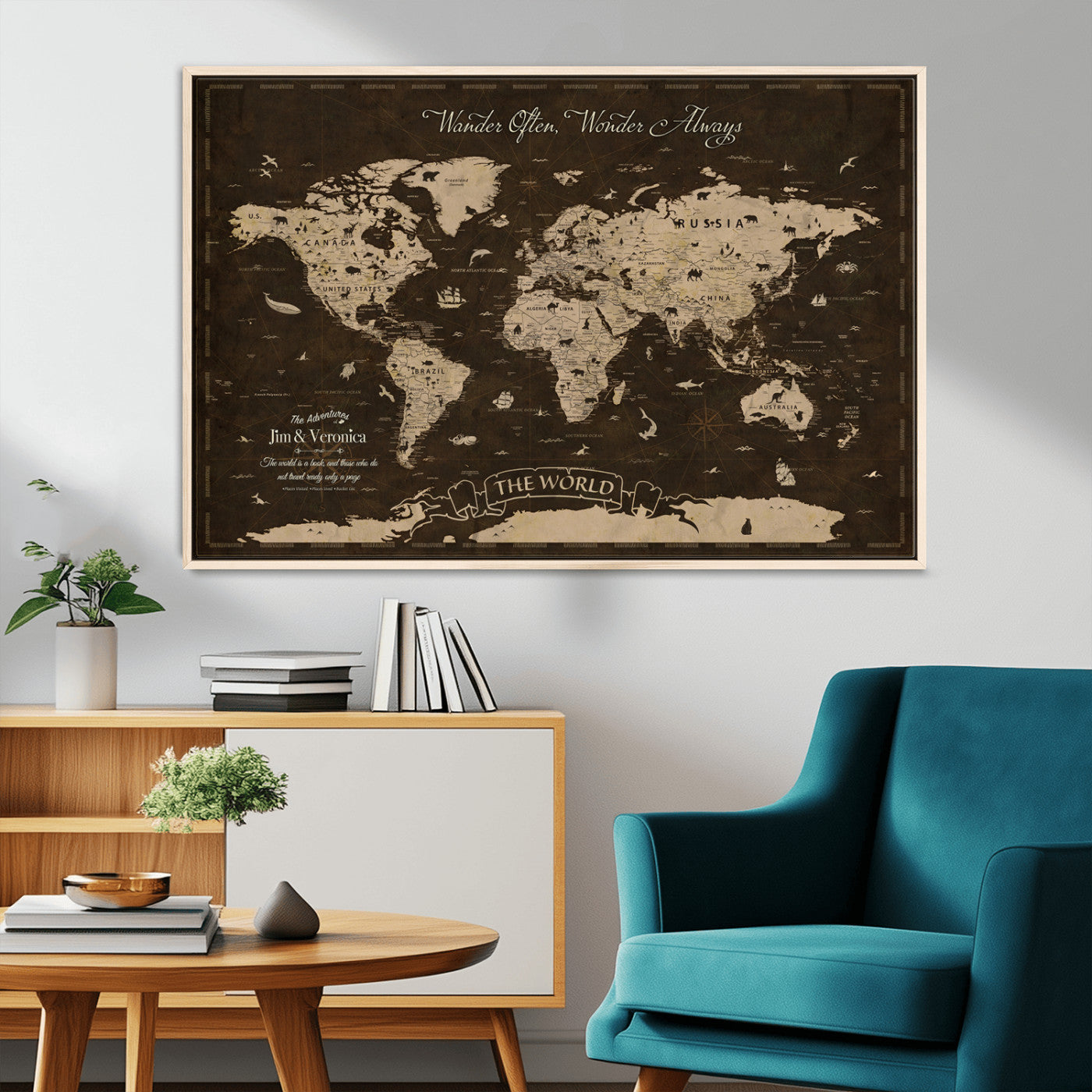47004909-MGV-FC-36X24_Natural-Customize Push Pin World Map Wall Art Canvas Print – Personalized Map for Kids Room – Framed Custom Animal Map for Stady Room Decor