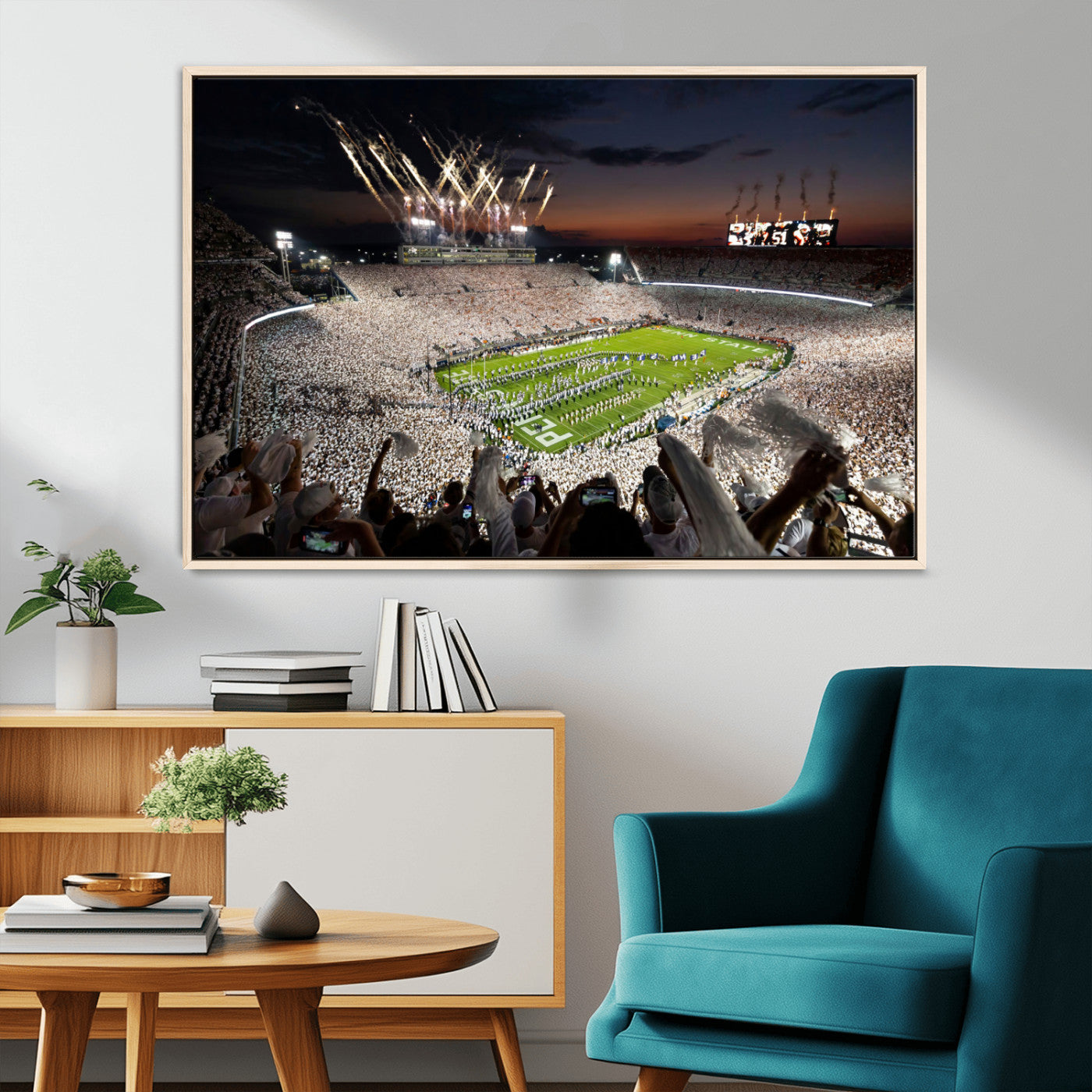 Penn State Stadium Wall Art Print, White Out Football Game Canvas Wall Art, Framed Sports Stadium, Large College Football Canvas Print for Game Room - Man Cave + 555