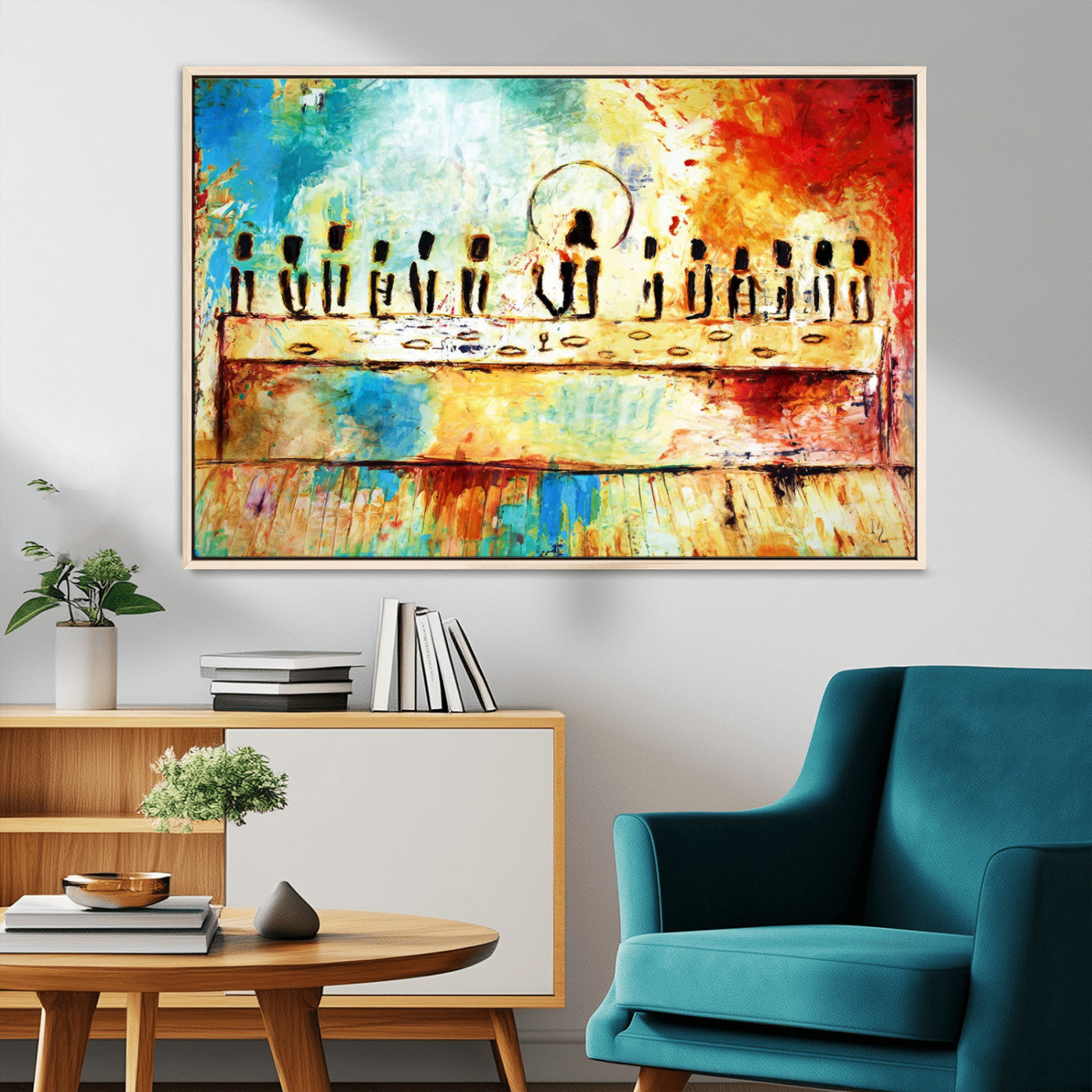 68892000-MGV-FC-36X24_Natural-Abstract Last Supper Art Print, Vibrant Contemporary Jesus & Disciples Painting, Modern Expressionist Wall Decor for Home or Office Display