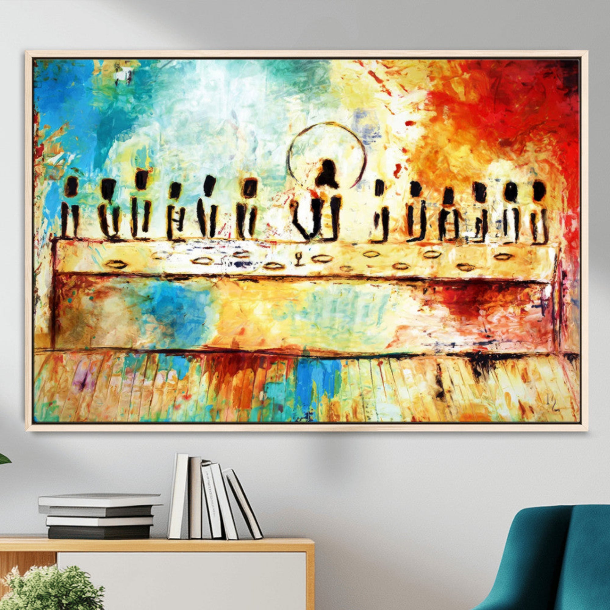 68892000-MGV-FC-36X24_Natural-Abstract Last Supper Art Print – Vibrant Contemporary Jesus and Disciples Modern Canvas Painting Artwork for Home Office