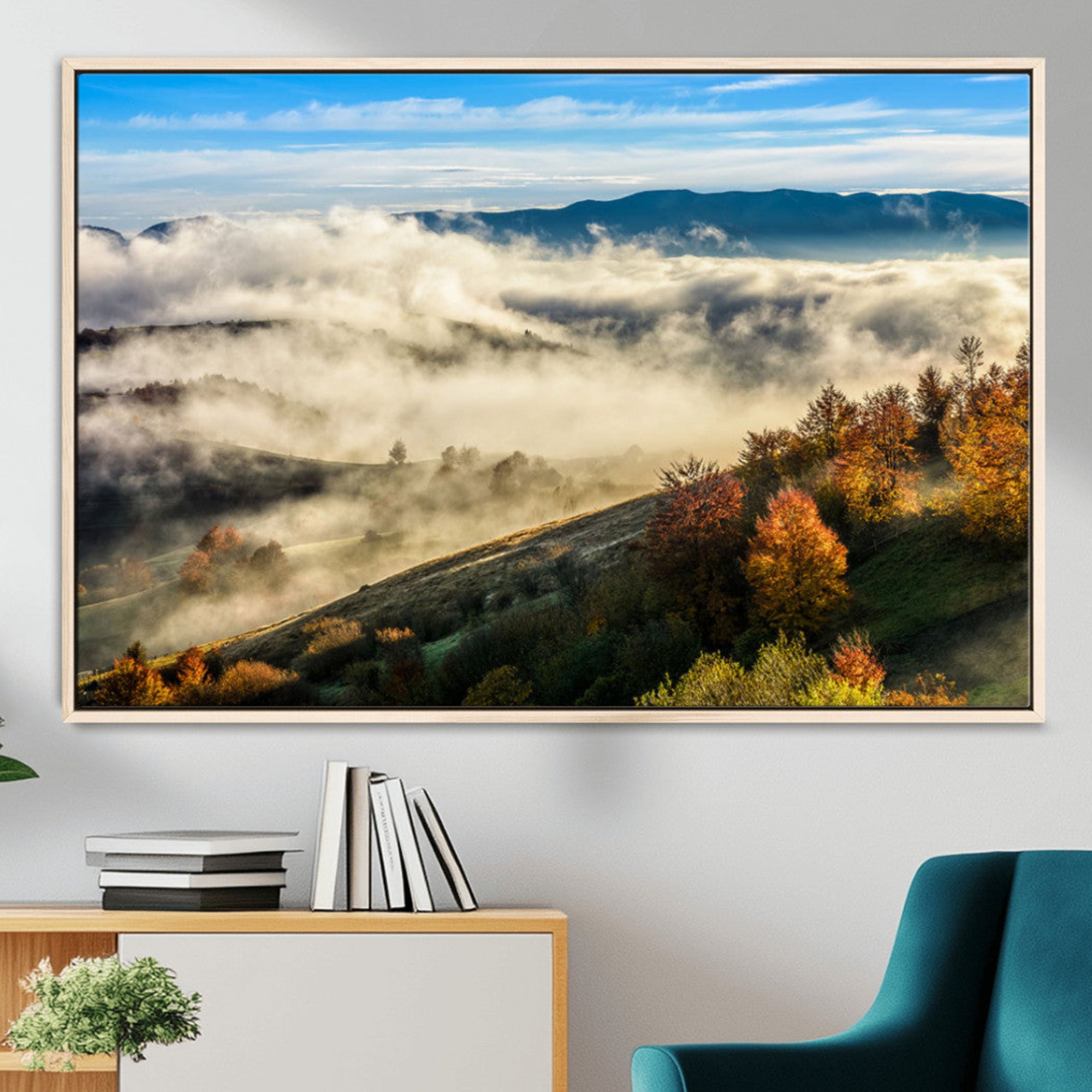 21551192-MGV-FC-36X24_Natural-Misty Autumn Hills Canvas Wall Art, Foggy Forest Landscape, Fall Foliage Beauty, Serene Mountain View, Cozy Home Decor, Office Tranquility, Nature Calm Print