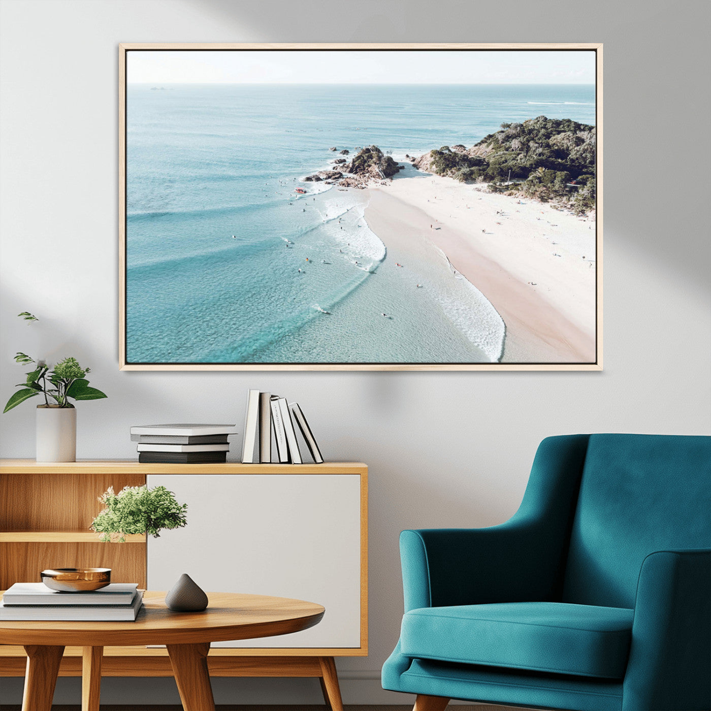 79395467-MGV-FC-36X24_Natural-Aerial Beach Canvas Wall Art Print, Coastal Ocean Waves and Surfers, Large Scenic Seaside Canvas for Home or Office 1 Panel Wrapped Canvas