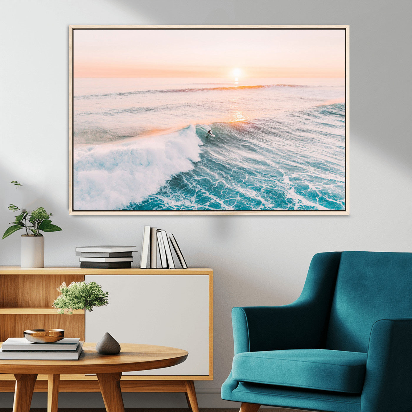 34064591-MGV-FC-36X24_Natural-Sunset Surfing Canvas Wall Art Print, Ocean Wave Surfer Decor, Large Coastal Surf Canvas for Beach House or Living Room 1 Panel Wrapped Canvas
