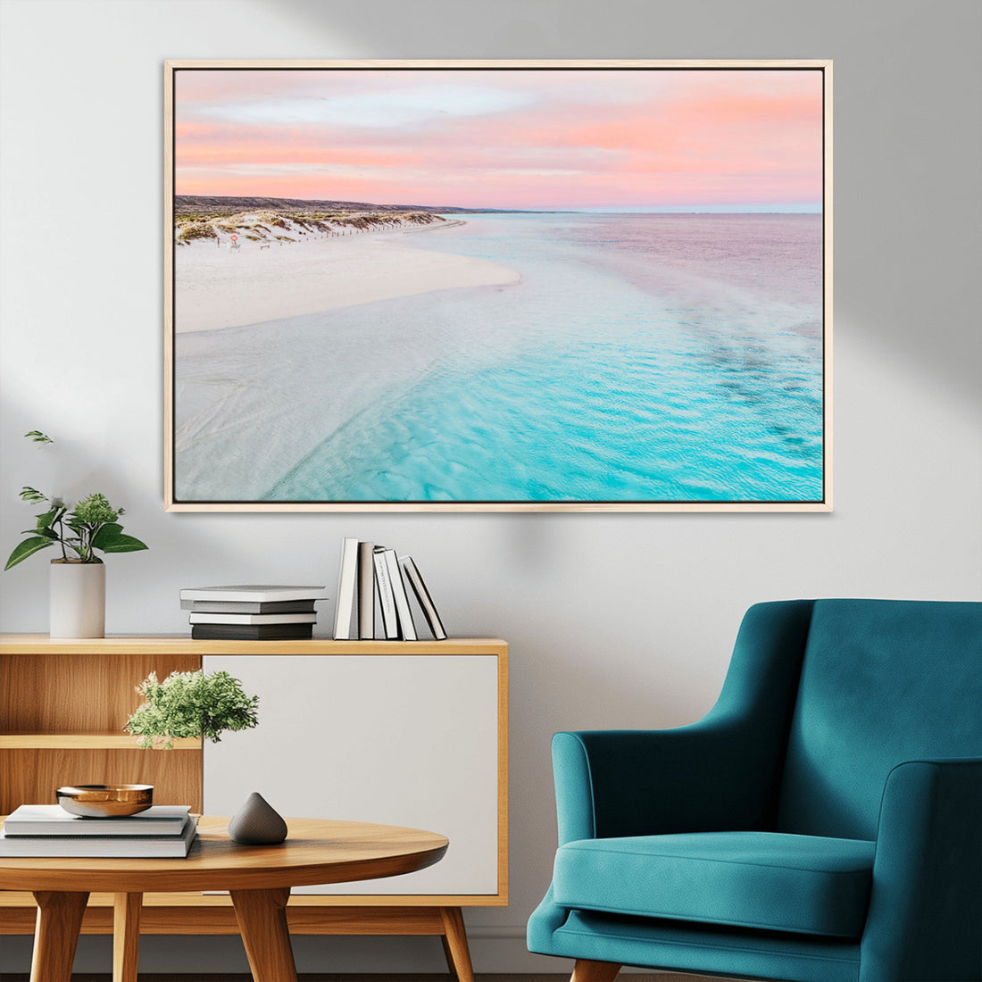 Serene Pastel Beach Wall Art Canvas Print, Tranquil Coastal Sunset with Soft Ocean Hues