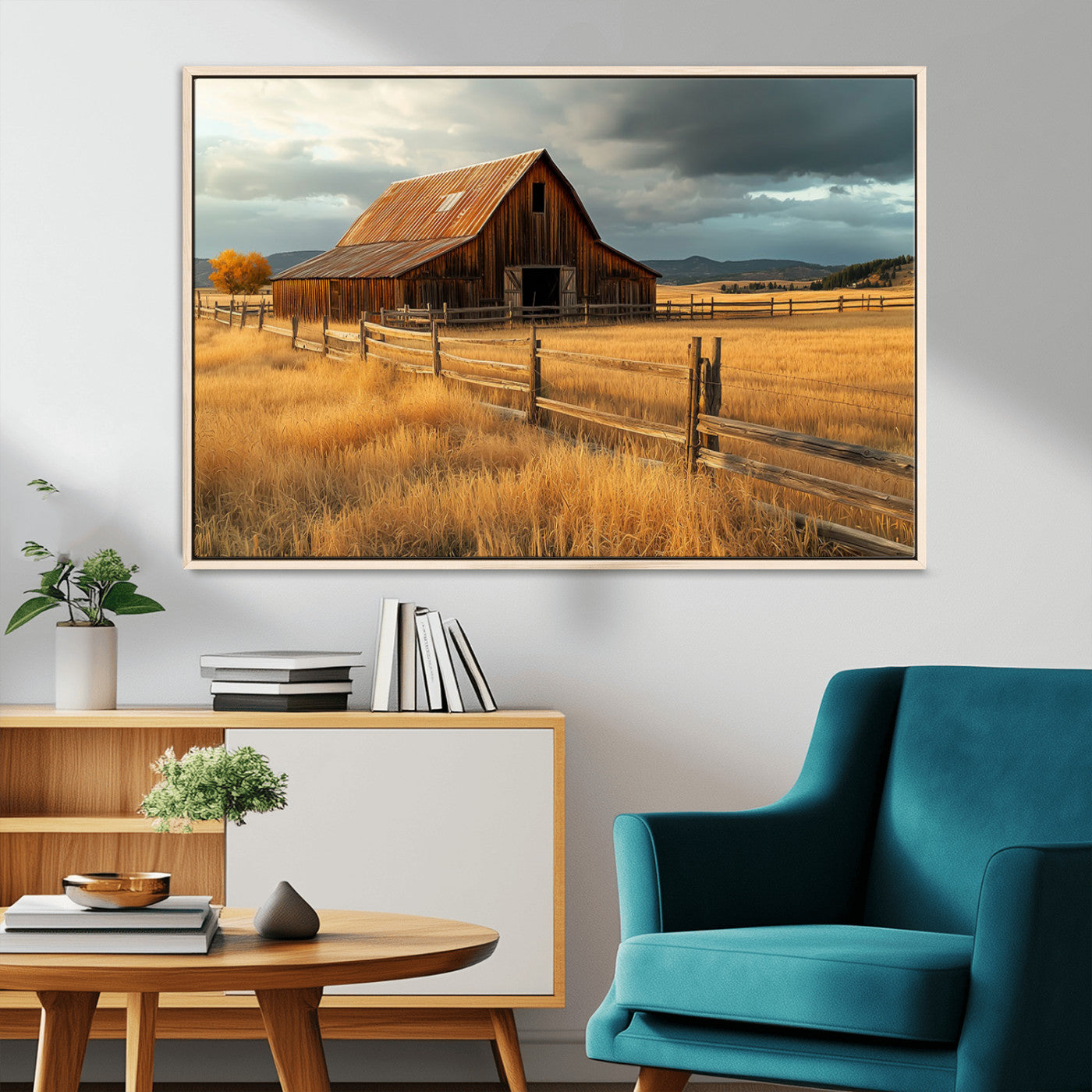 "Golden fields surrounding a rustic barn with a weathered roof, a wooden fence, and dramatic skies with sunlight breaking through the clouds."