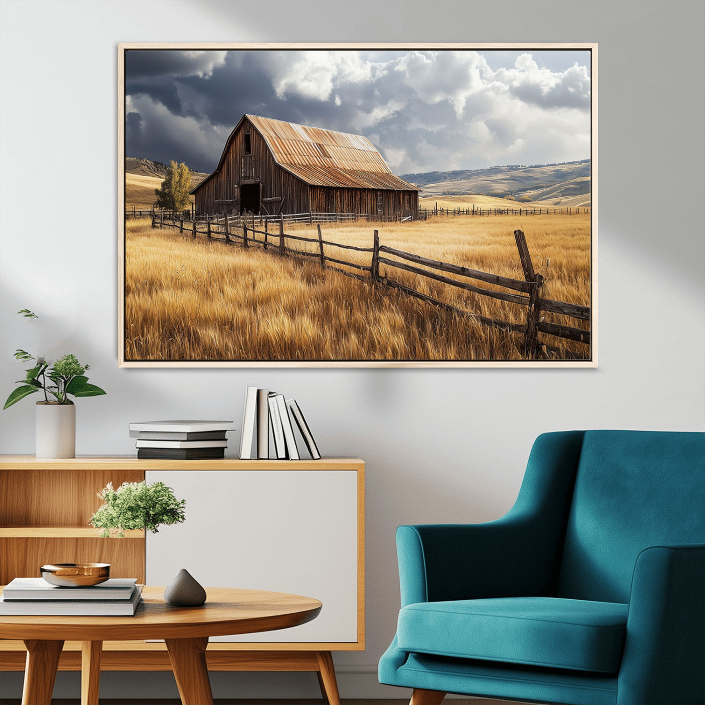 "Rustic barn surrounded by golden fields, a wooden fence, and dramatic storm clouds in the sky, capturing a serene countryside landscape."