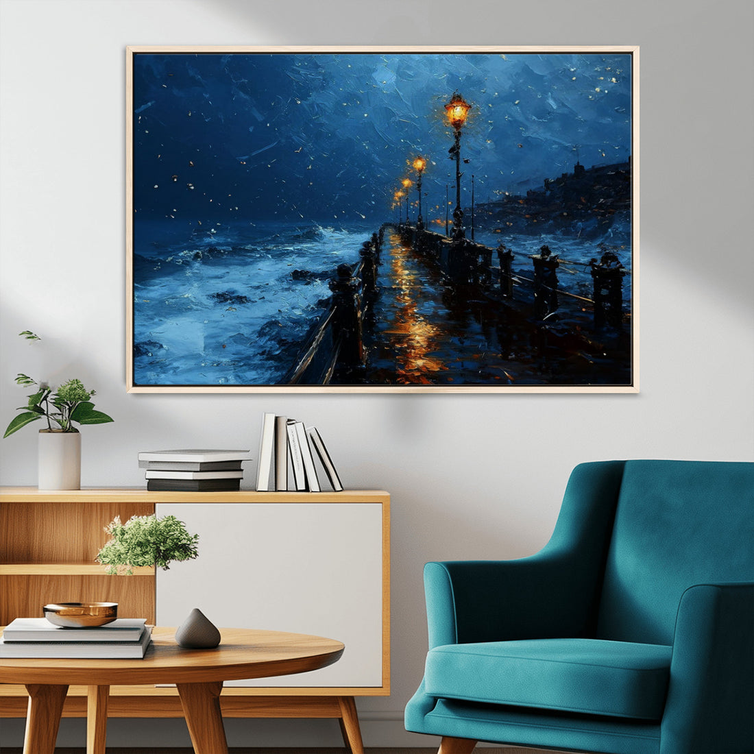 Dark Stormy Pier Wall Art Canvas Print, Moody Ocean Night Scene with Street Lamps