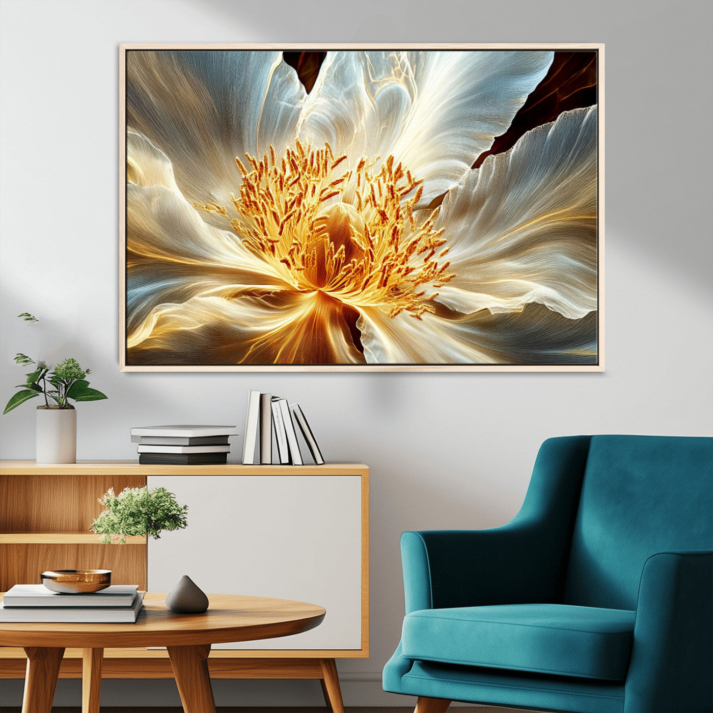 "Close-up of a glowing, abstract flower with delicate white petals and vibrant golden-yellow stamen against a dark background."