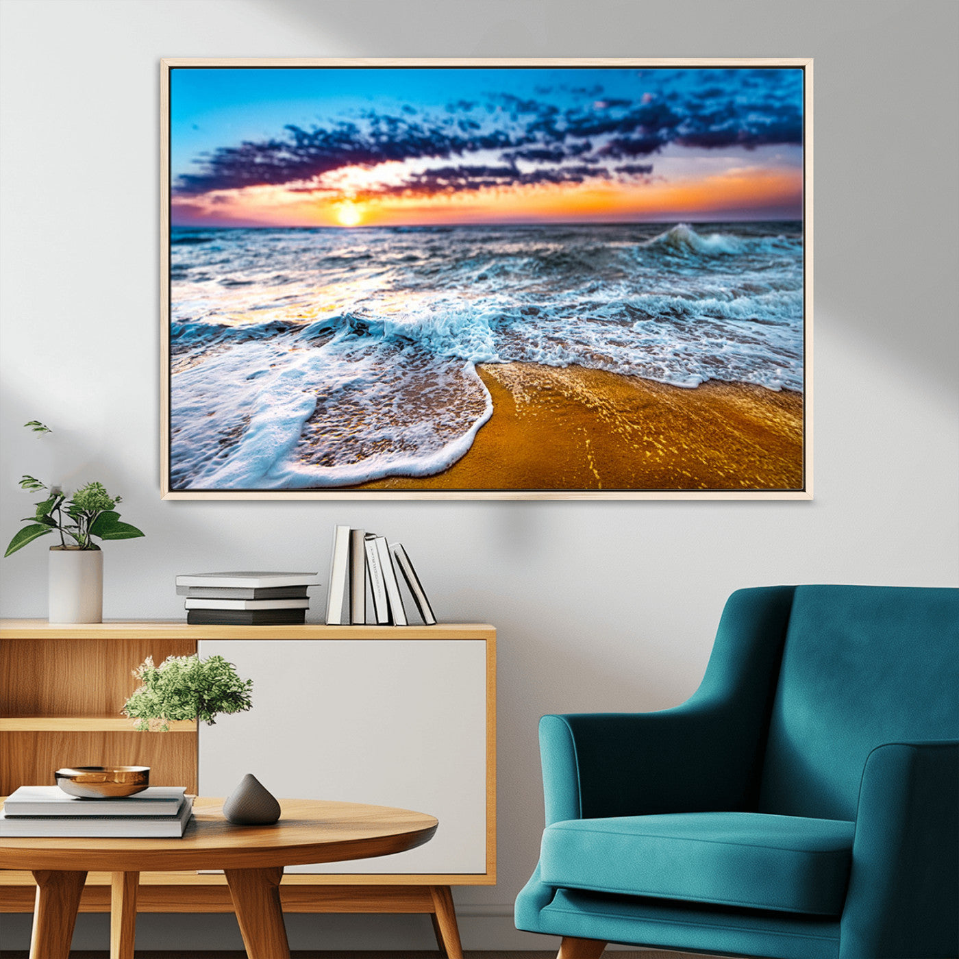 Beautiful ocean shoreline at sunset with foamy waves washing onto golden sand under a colorful sky – Wall Art Canvas Print.