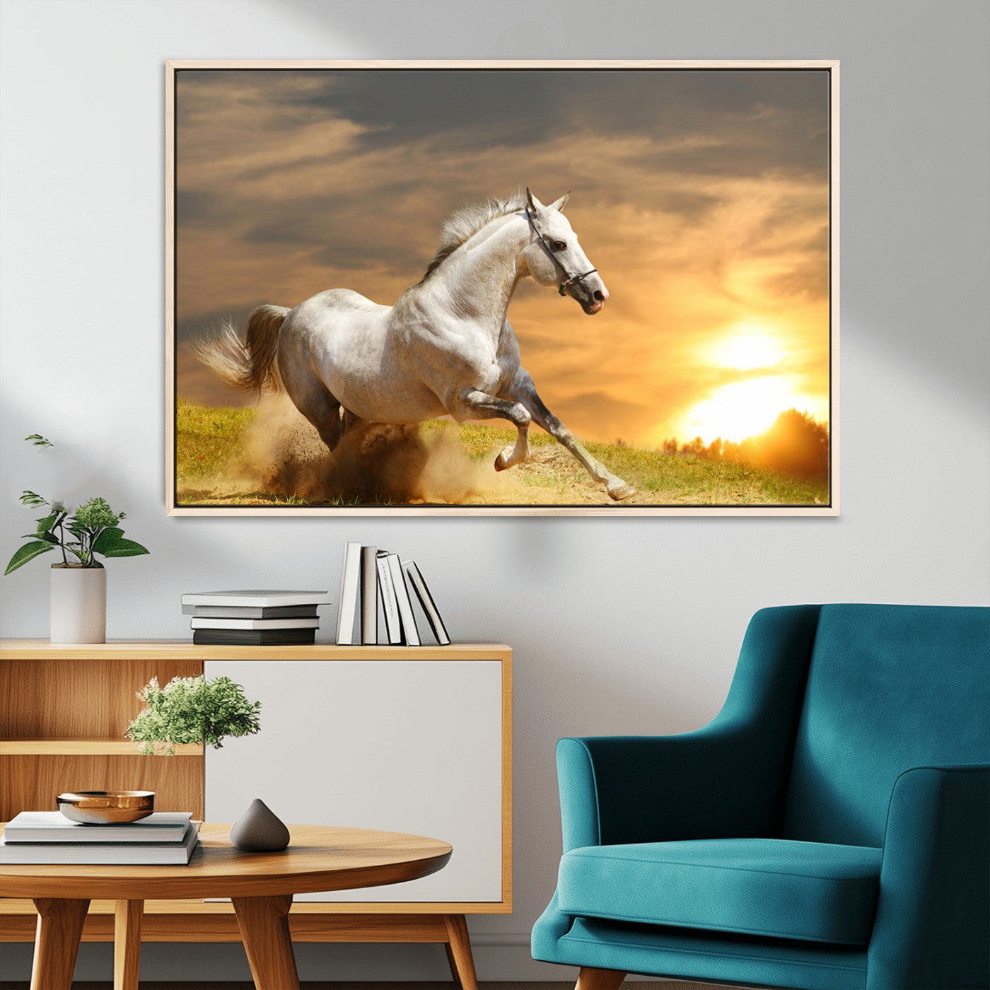 Powerful white horse galloping on a dusty field at sunset with a dramatic sky – Wall Art Canvas Print.