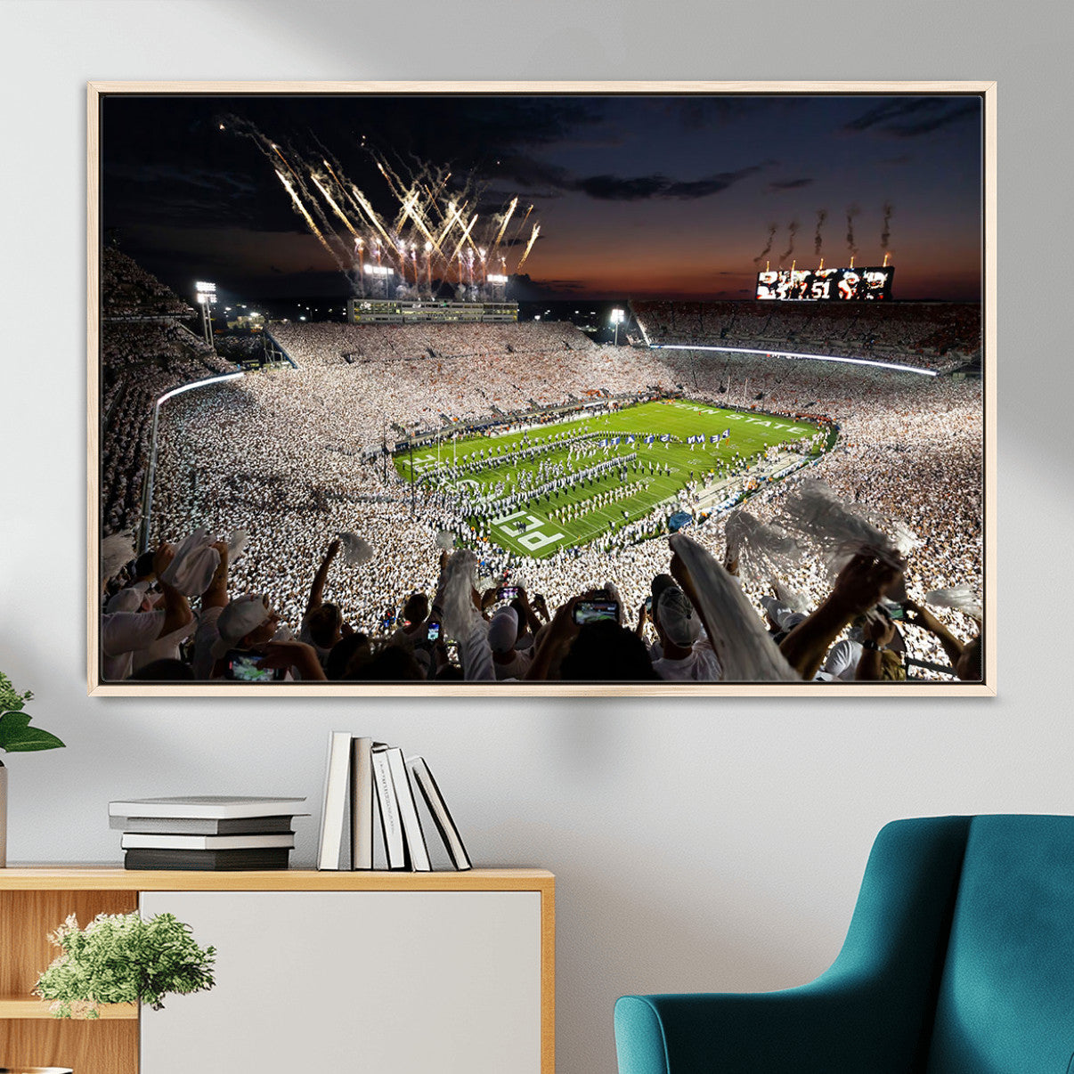 11221988-MGV-FC-36X24 - Epic Night Football Stadium Wall Art Canvas Print, Fireworks and Crowd Energy Game Day Excitement Decor for Home, Office
