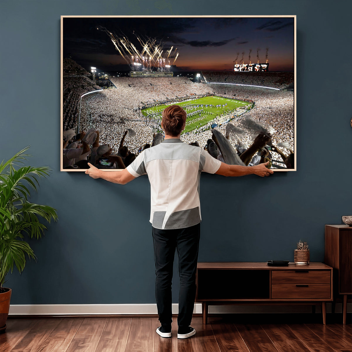11221988-MGV-CV-36X24 - Epic Night Football Stadium Wall Art Canvas Print, Fireworks and Crowd