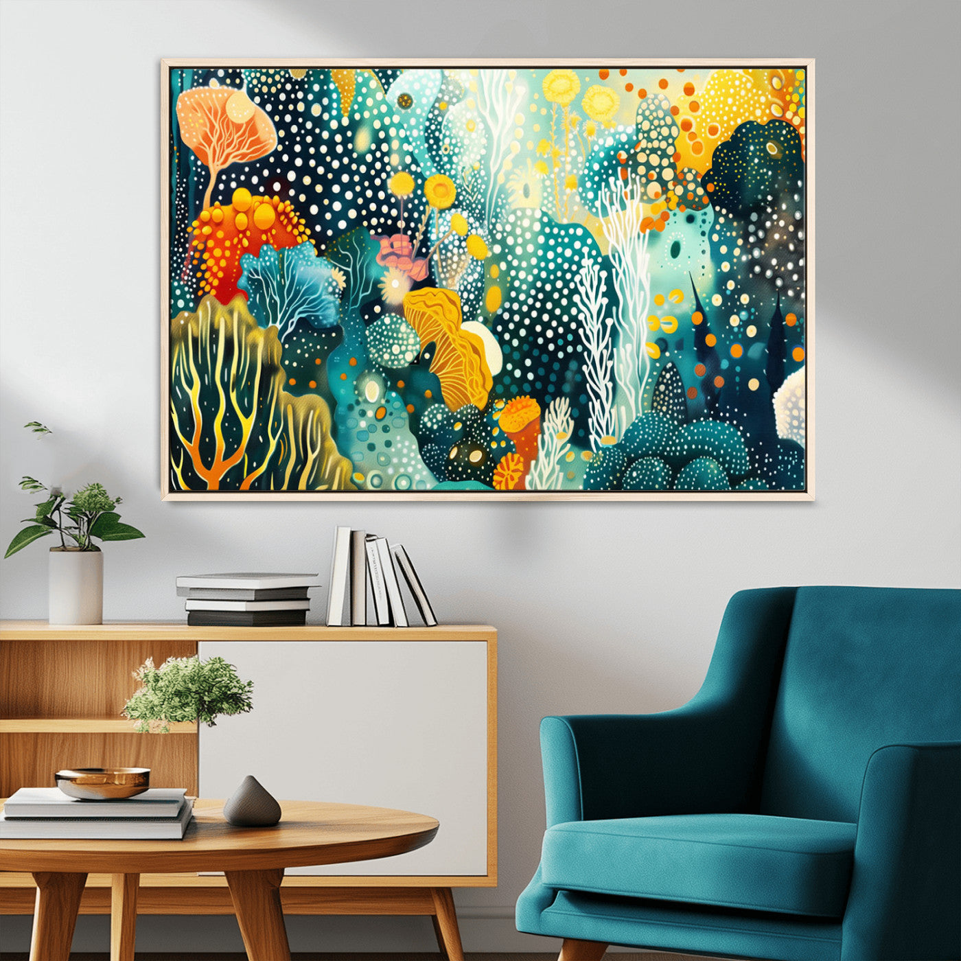 Abstract underwater coral reef illustration with vibrant colors, dotted textures, and stylized marine flora – Wall Art Canvas Print.