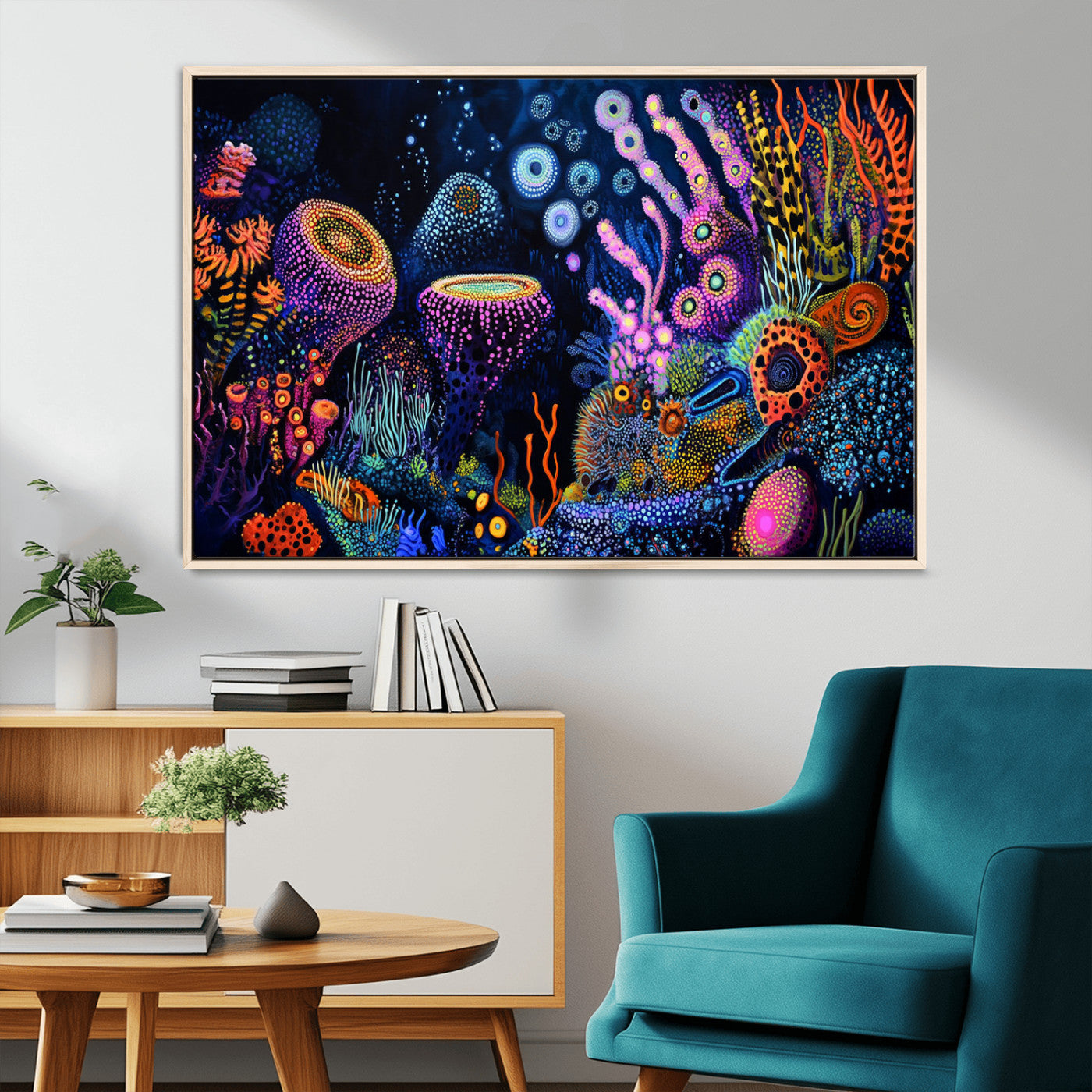 Vibrant and colorful abstract underwater coral reef artwork with diverse shapes and glowing patterns – Wall Art Canvas Print.