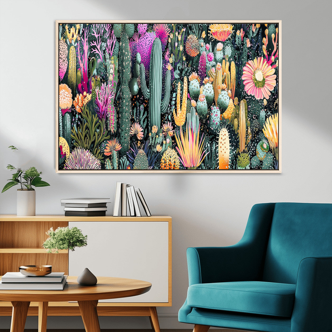 Colorful and detailed painting of various cacti and desert flowers in vibrant hues on a dark background – Wall Art Canvas Print.