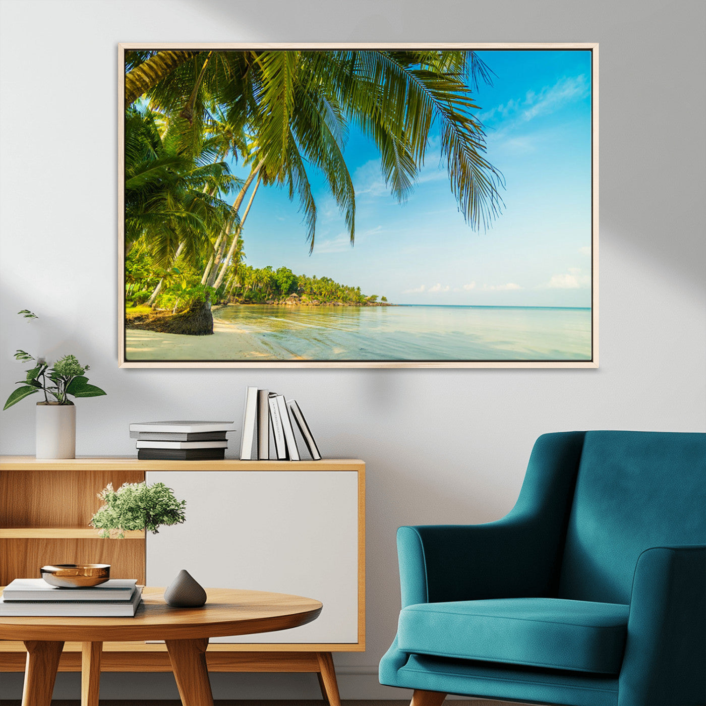MGV-FC-36X24 - Peaceful Tropical Beach with Palm Trees and Calm Blue Sea – Serene Coastal Wall Art Canvas Print for