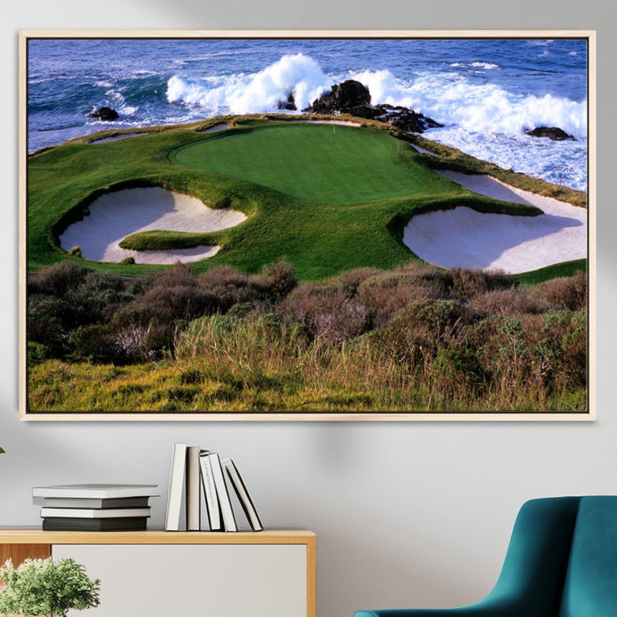 -Ocean Cliff Golf Green Canvas Print – Framed Majestic Coastal Scene with Lush Green Artwork for Home, Office, Living Room