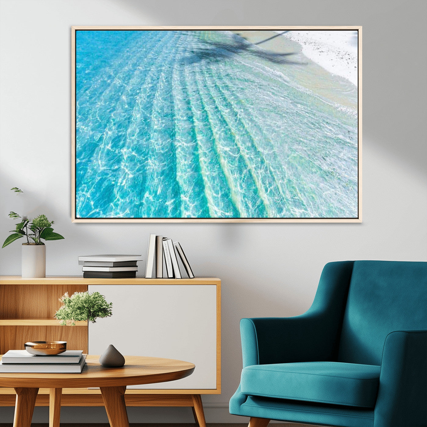 17528159-MGV-FC-36X24_Natural-Crystal Clear Shallow Ocean Water with Sunlight Reflections and Palm Tree Shadow on Sandy Beach – Beautiful Wall Art Canvas Print for Coastal Decor