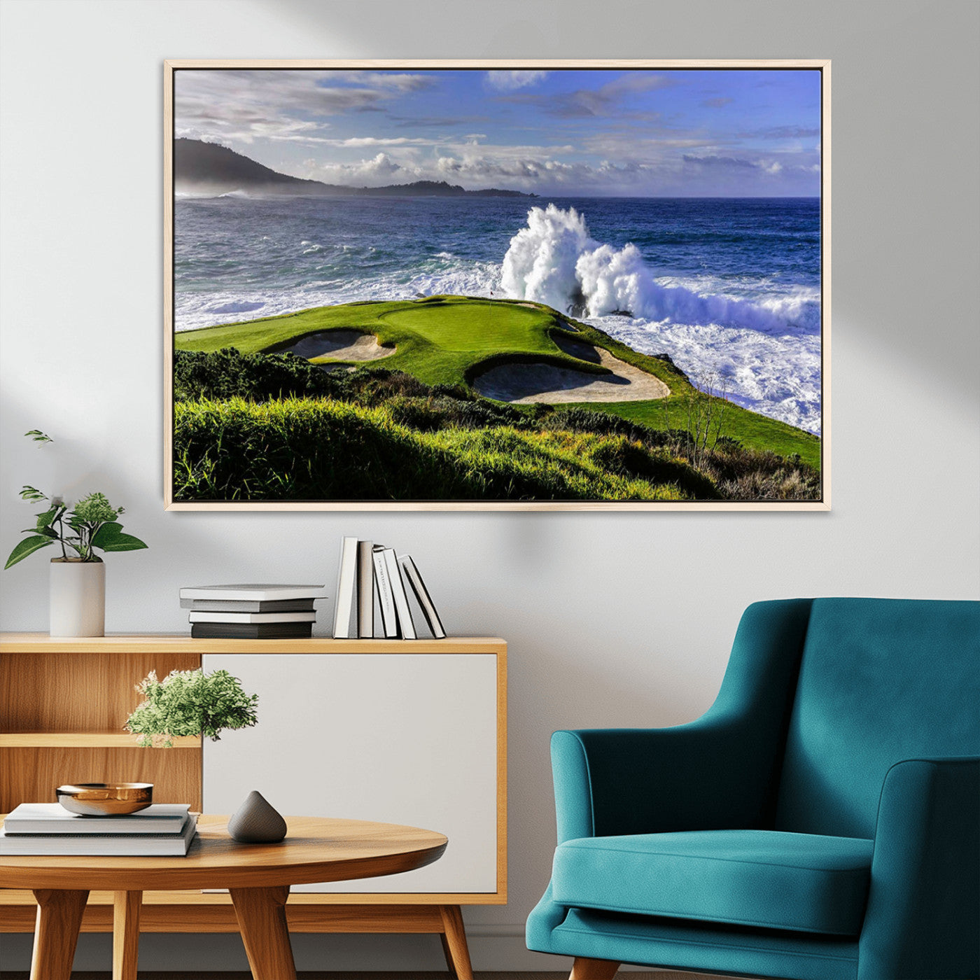 78508908-MGV-FC-36X24_Natural-Dramatic Ocean Waves Crashing Against Rocky Coastline Near a Green Golf Course – Stunning Wall Art Canvas Print for Nature and Sports Lovers