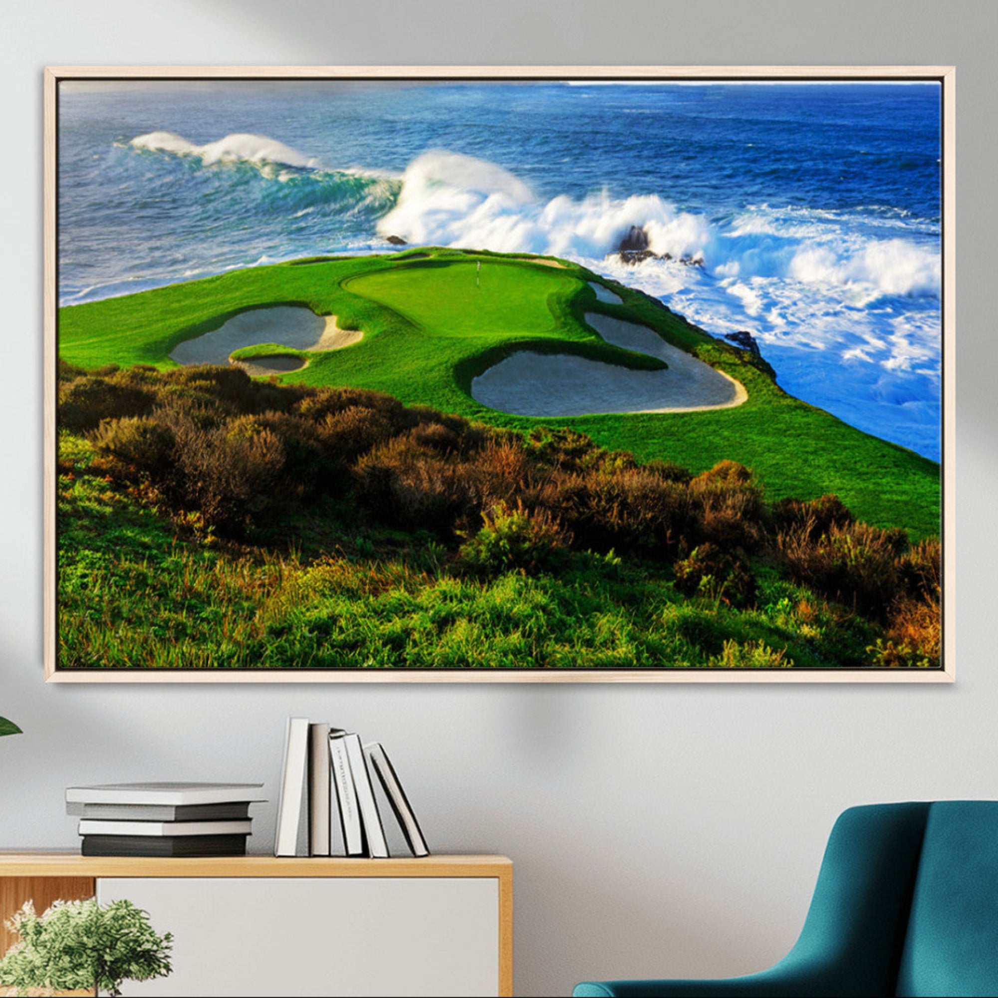 34181847-MGV-CV-36X24-Coastal Golf Course Wall Art Canvas Print – Vibrant Green with Sand Bunkers Overlooking Ocean Waves Artwork for Home, Office