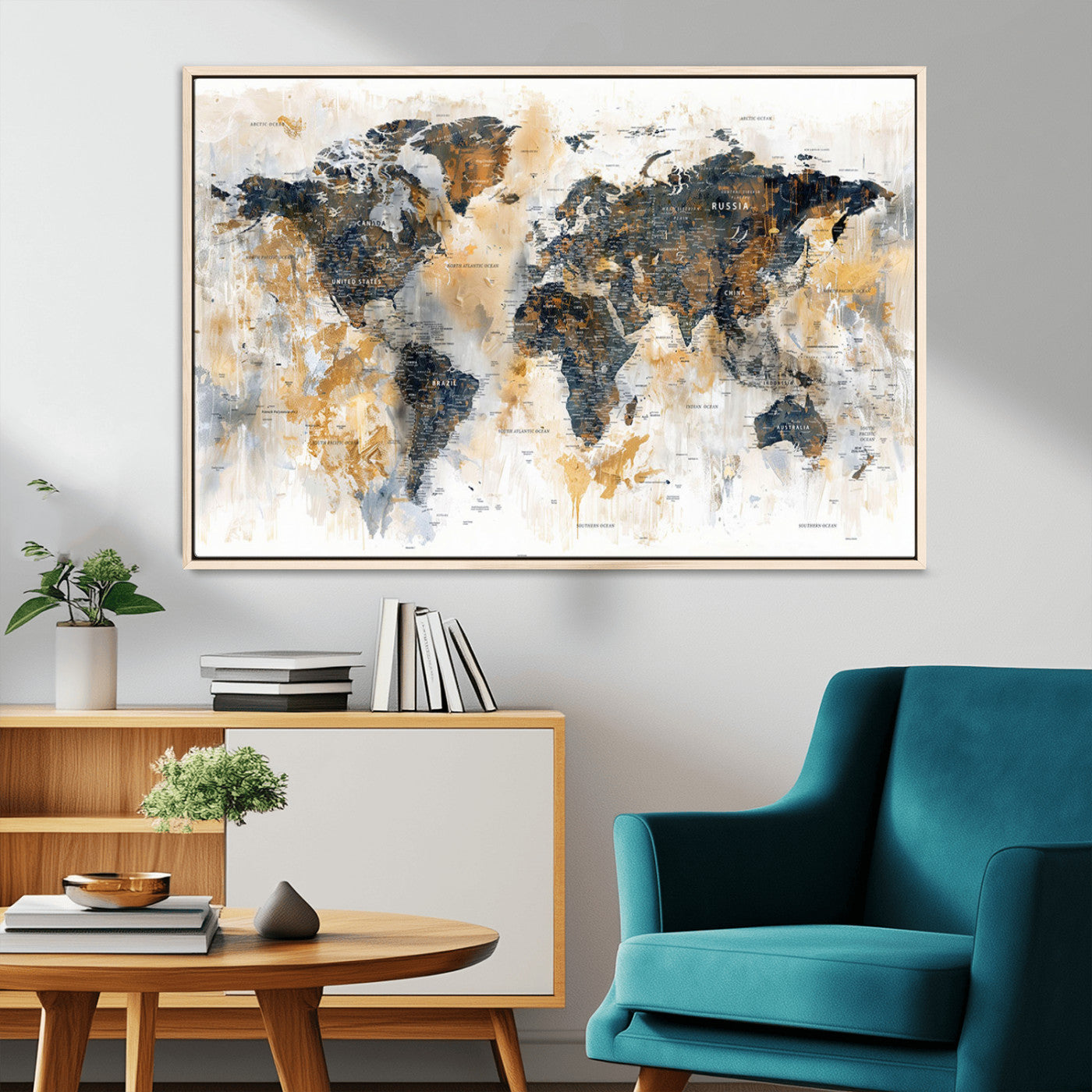 Artistic world map with textured brush strokes in shades of gold, navy blue, and white, showing continents and countries with an abstract, painterly effect.