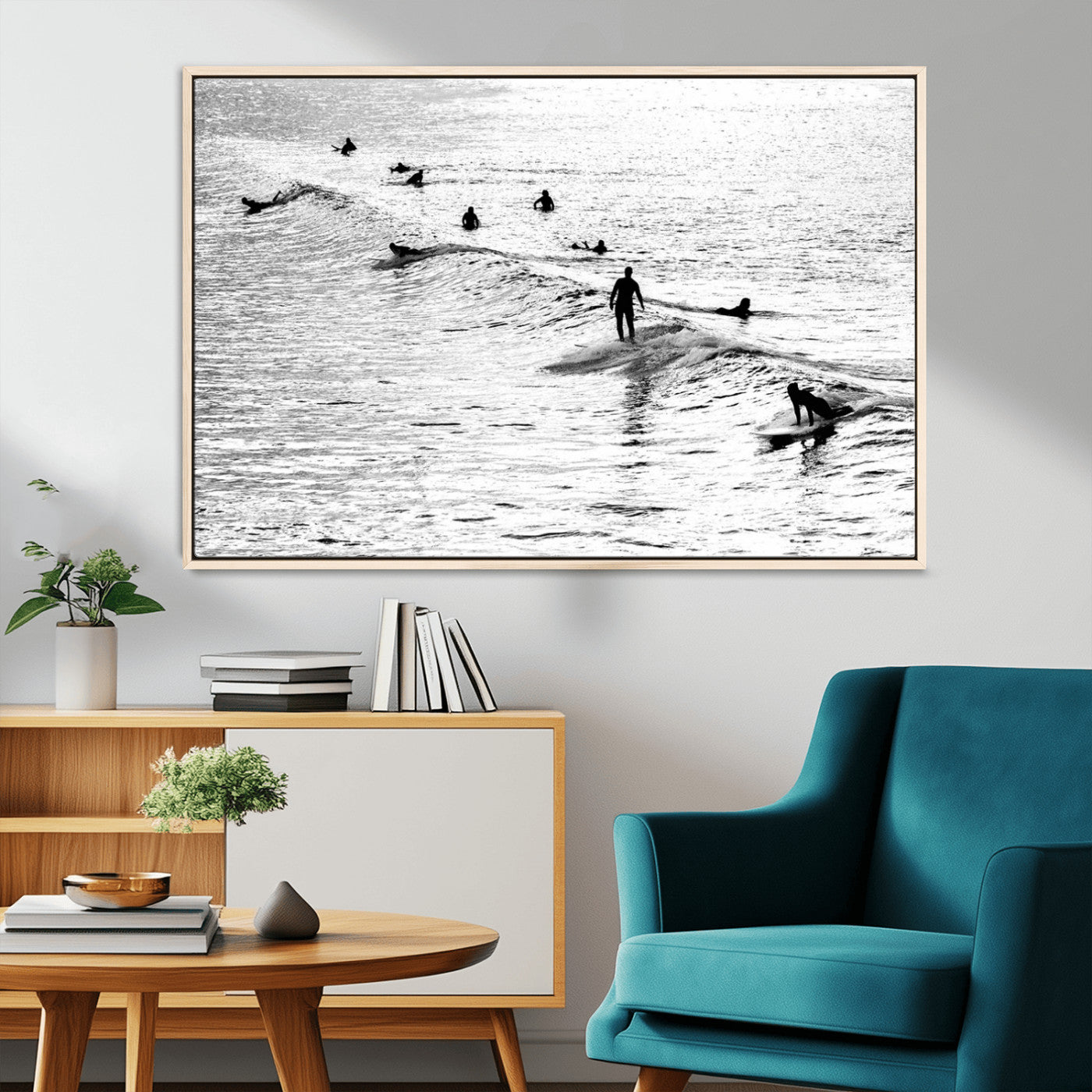 19970637-MGV-FC-36X24_Natural-Black and white artistic view of surfers riding and paddling on waves in the ocean, capturing the dynamic motion and energy of surfing